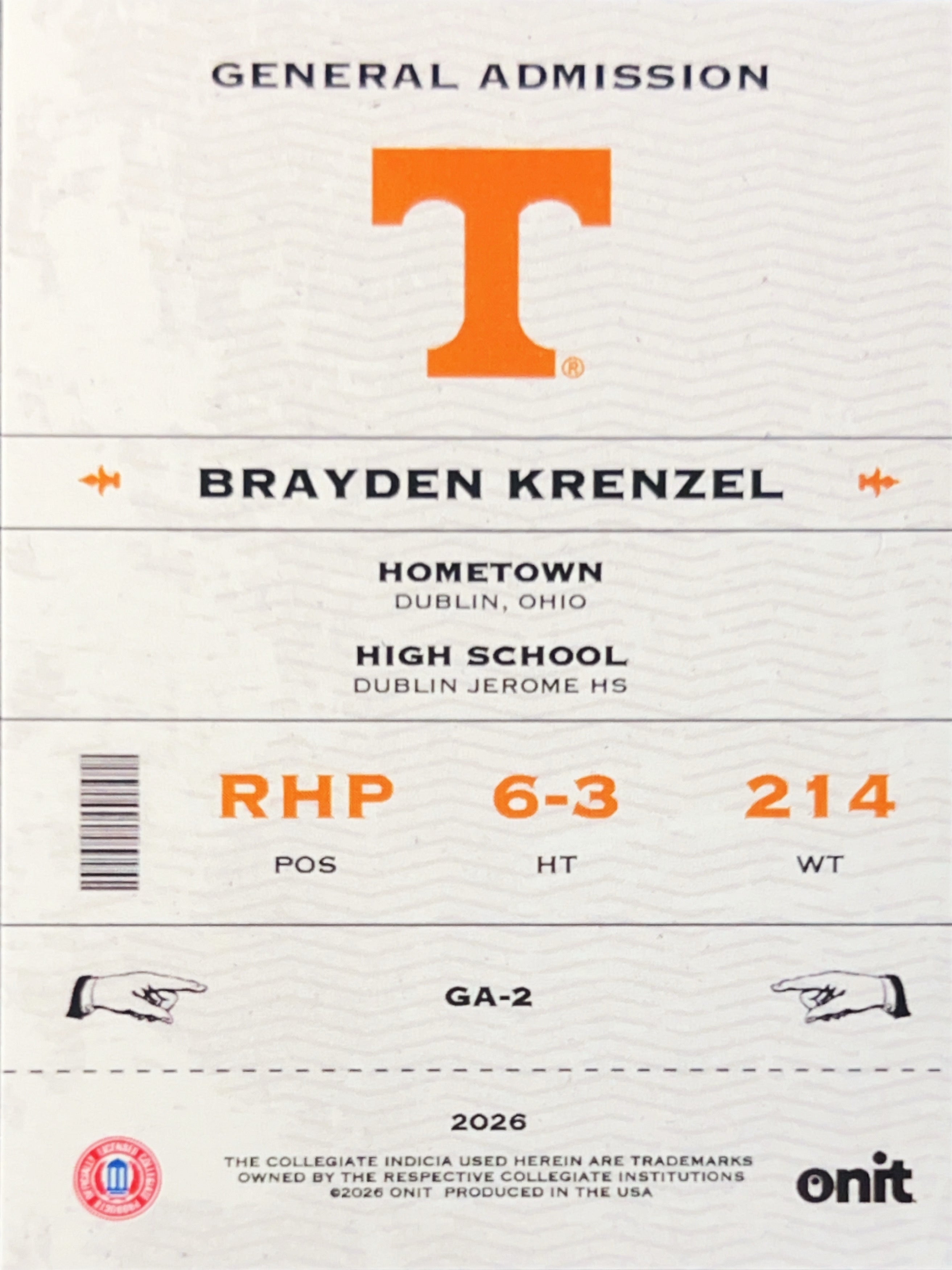 2026 ONIT Tennessee Baseball Brayden Krenzel #GA-2 Holo
