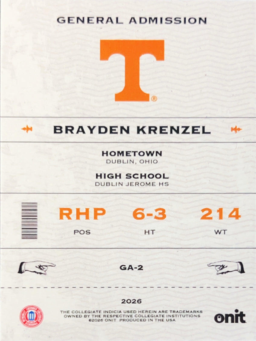 2026 ONIT Tennessee Baseball Brayden Krenzel #GA-2 Holo