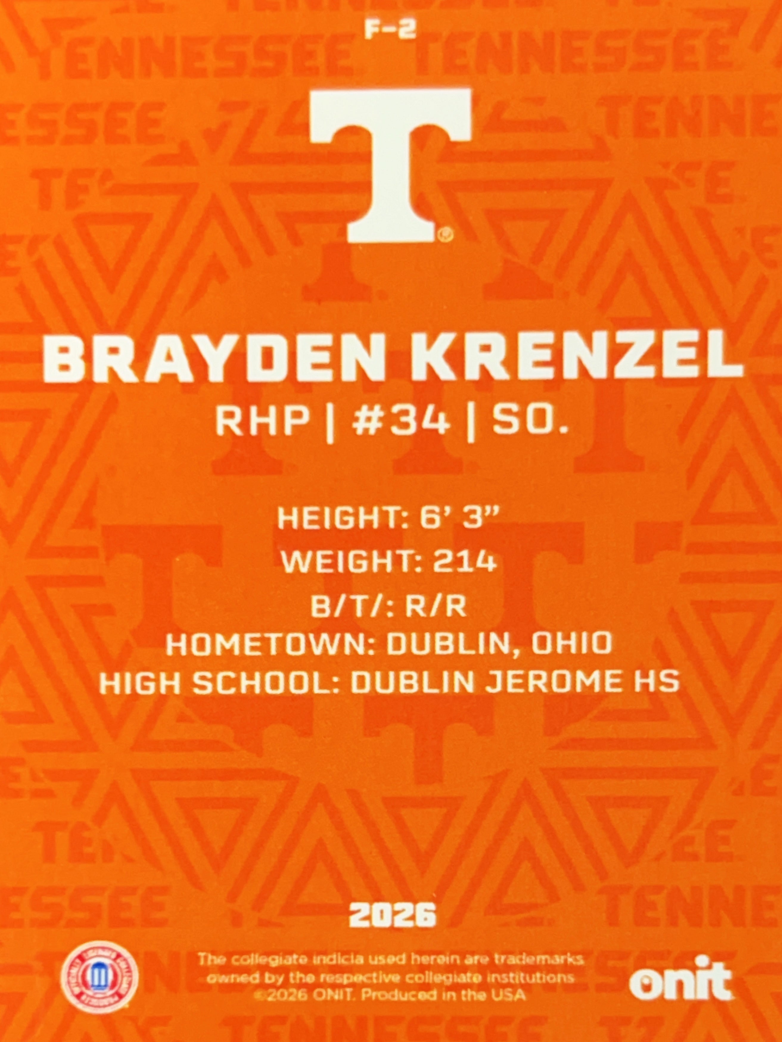 2026 ONIT Tennessee Baseball Brayden Krenzel #F-2