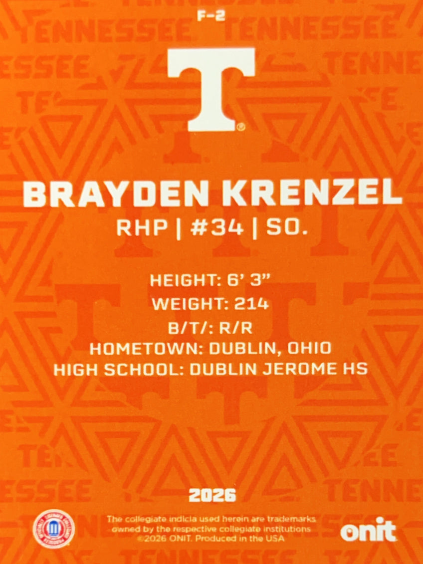 2026 ONIT Tennessee Baseball Brayden Krenzel #F-2