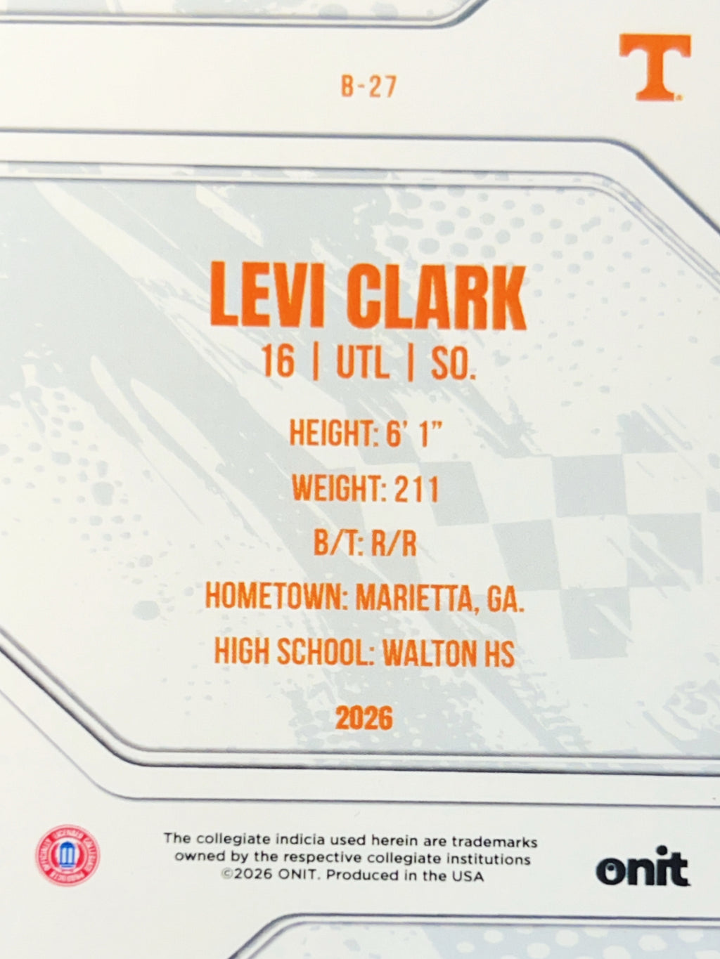 2026 ONIT Tennessee Baseball Levi Clark #B-27
