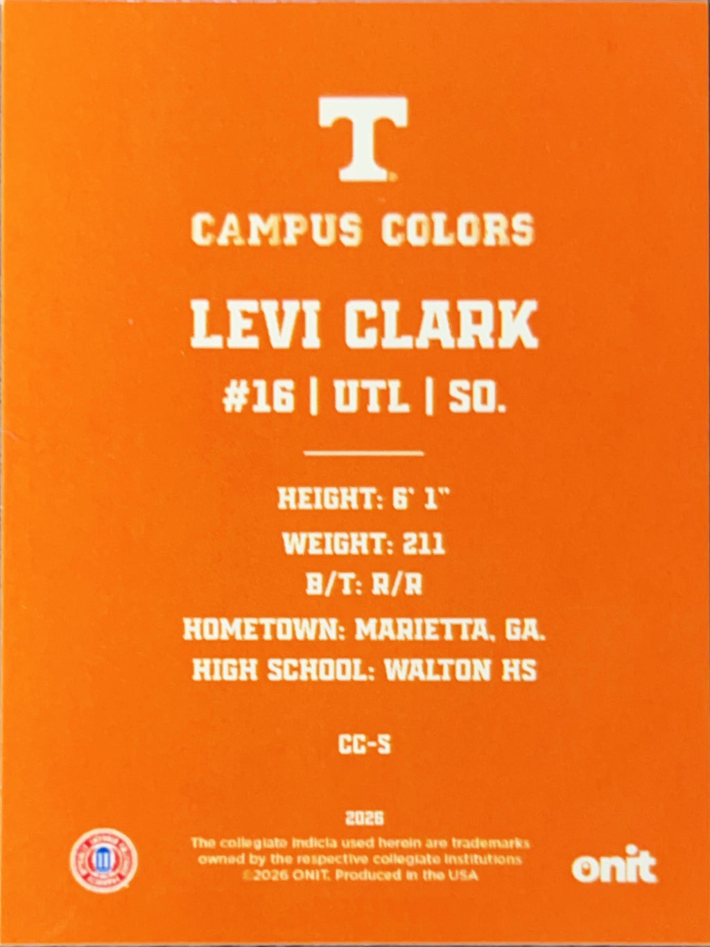 2026 ONIT Gameday Campus Colors Levi Clark #CC-5 Orange
