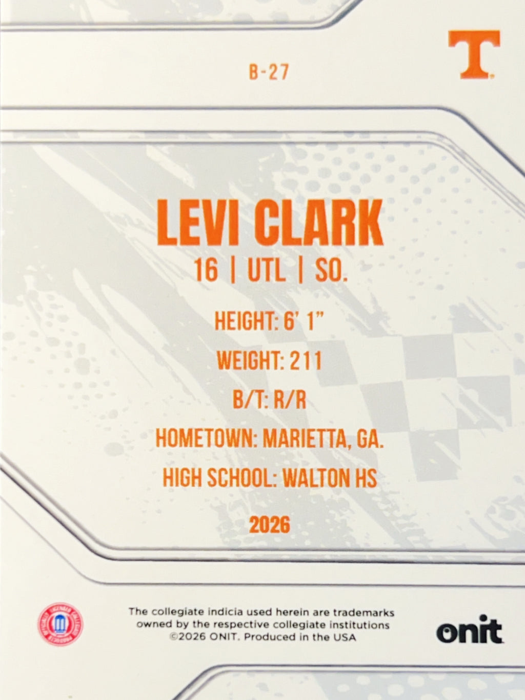 2026 ONIT Tennessee Baseball Levi Clark #B-27