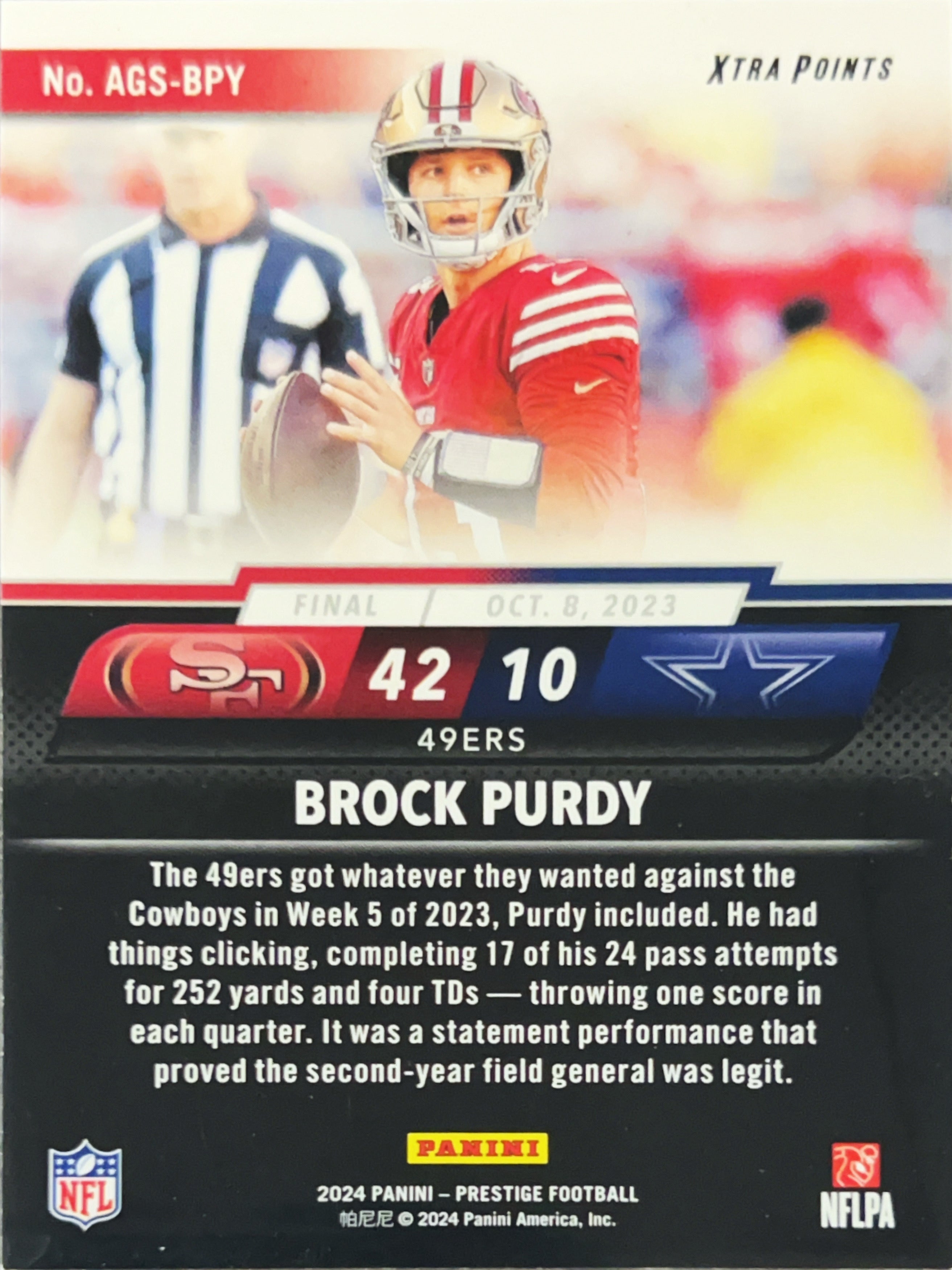 2024 Prestige Any Given Sunday Brock Purdy #AGS-BPY Xtra Points Red /399 Bookend