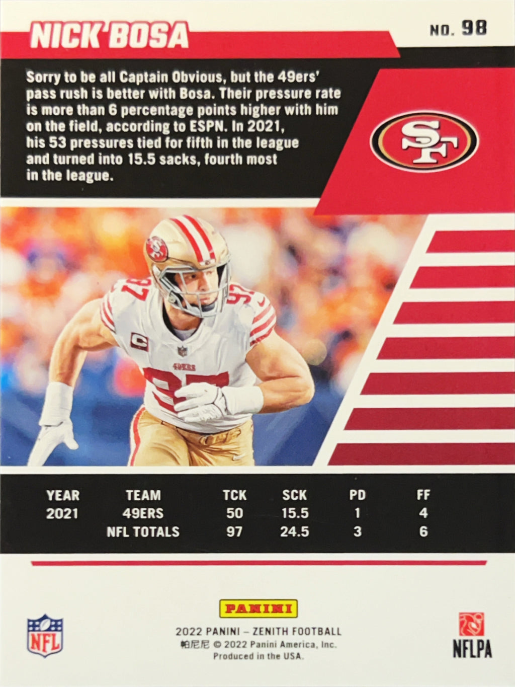 2022 Panini Zenith Football Nick Bosa #98 Red Zone