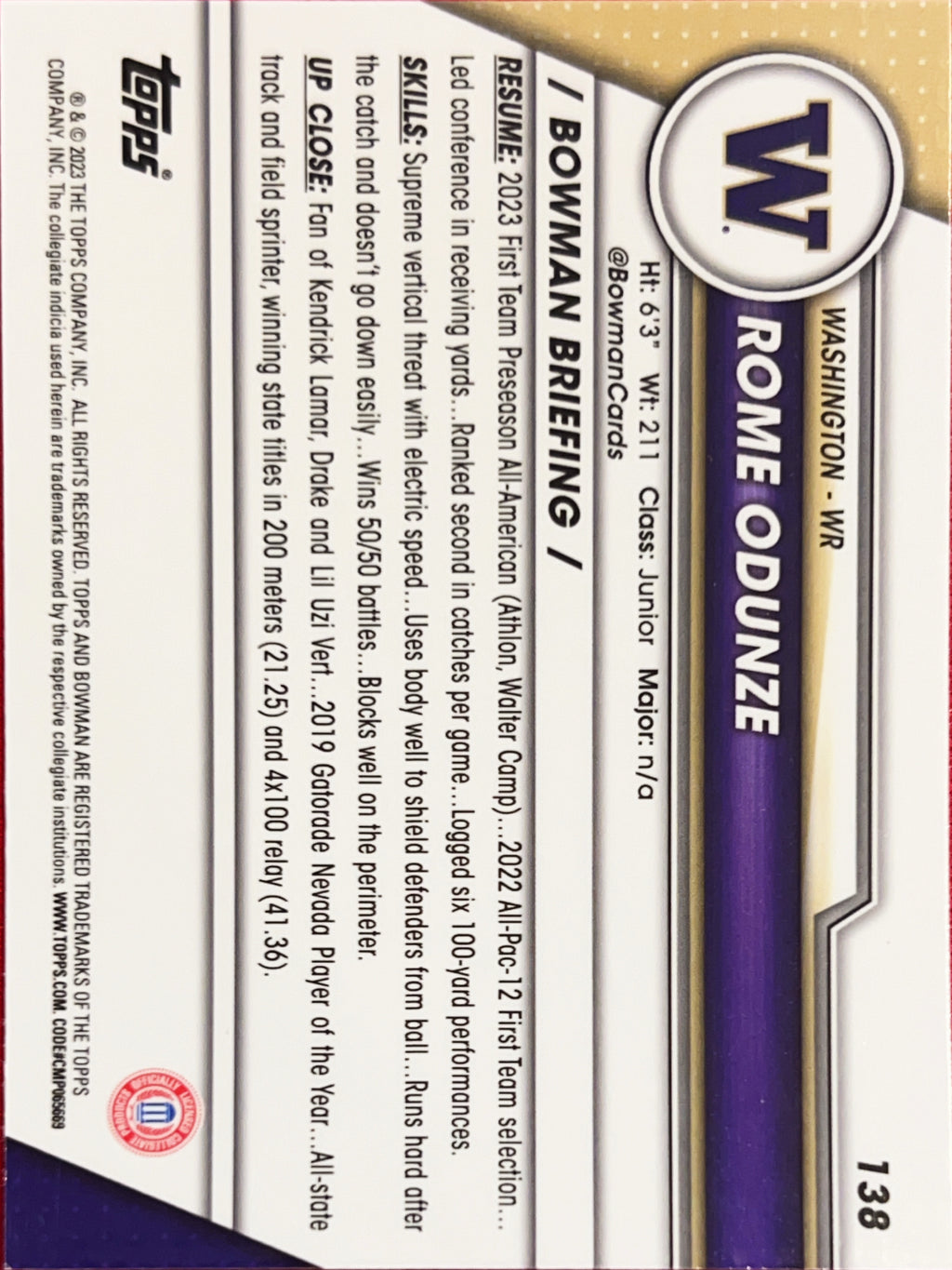 2023 Bowman Chrome University Rome Odunze #138 /50 1st Bowman
