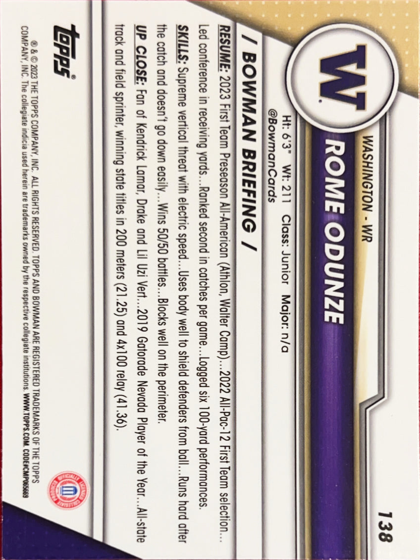 2023 Bowman Chrome University Rome Odunze #138 /50 1st Bowman