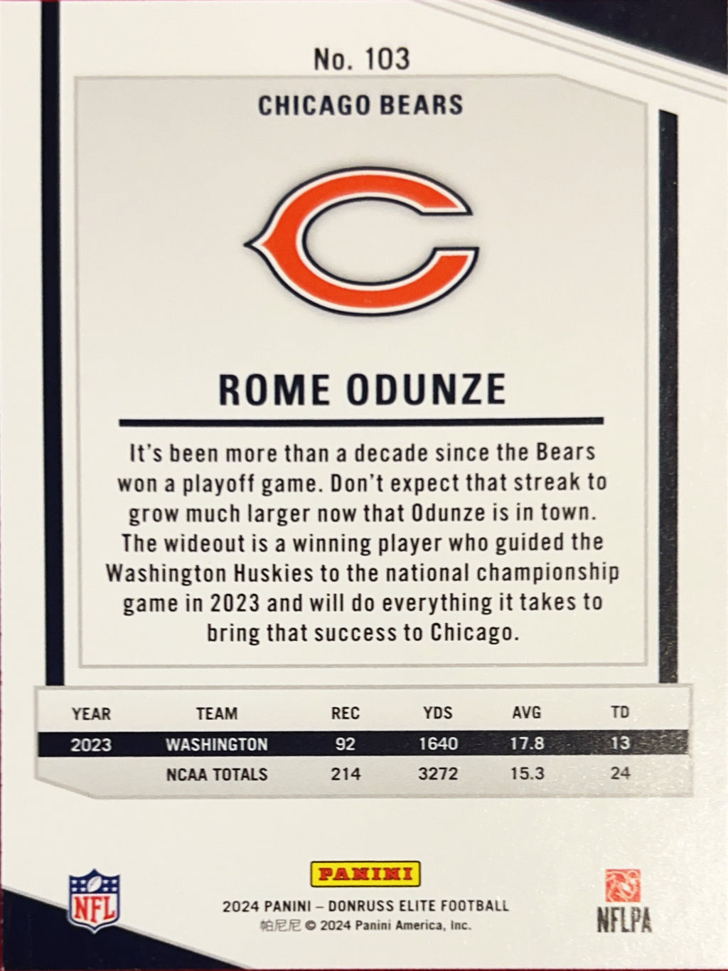 2024 Panini Donruss Elite Rome Odunze #103 Pink RC