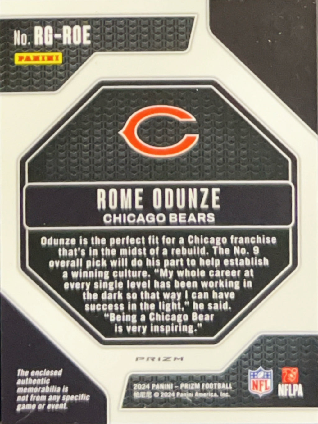 2024 Panini Prizm Rookie Gear Rome Odunze #RG-ROE Green Pulsar RC Memorabilia