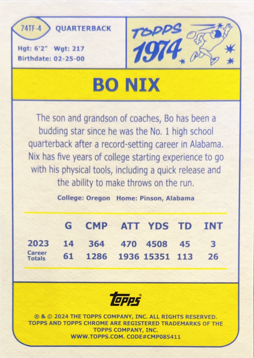 2024 Topps Chrome 1974 Topps Football Bo Nix #74TF-4