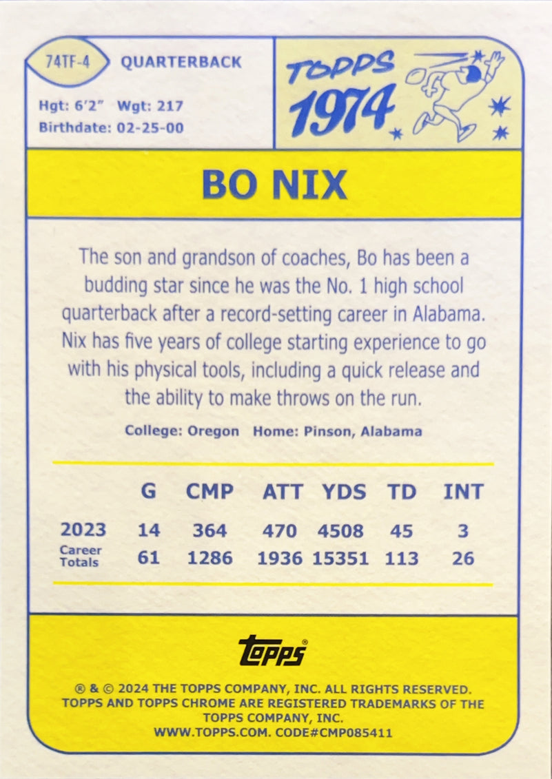 2024 Topps Chrome 1974 Topps Football Bo Nix #74TF-4