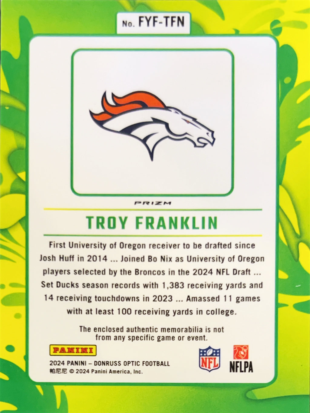 2024 Panini Donruss Optic Prizm Troy Franklin #FYF-TFN RC Memorabilia