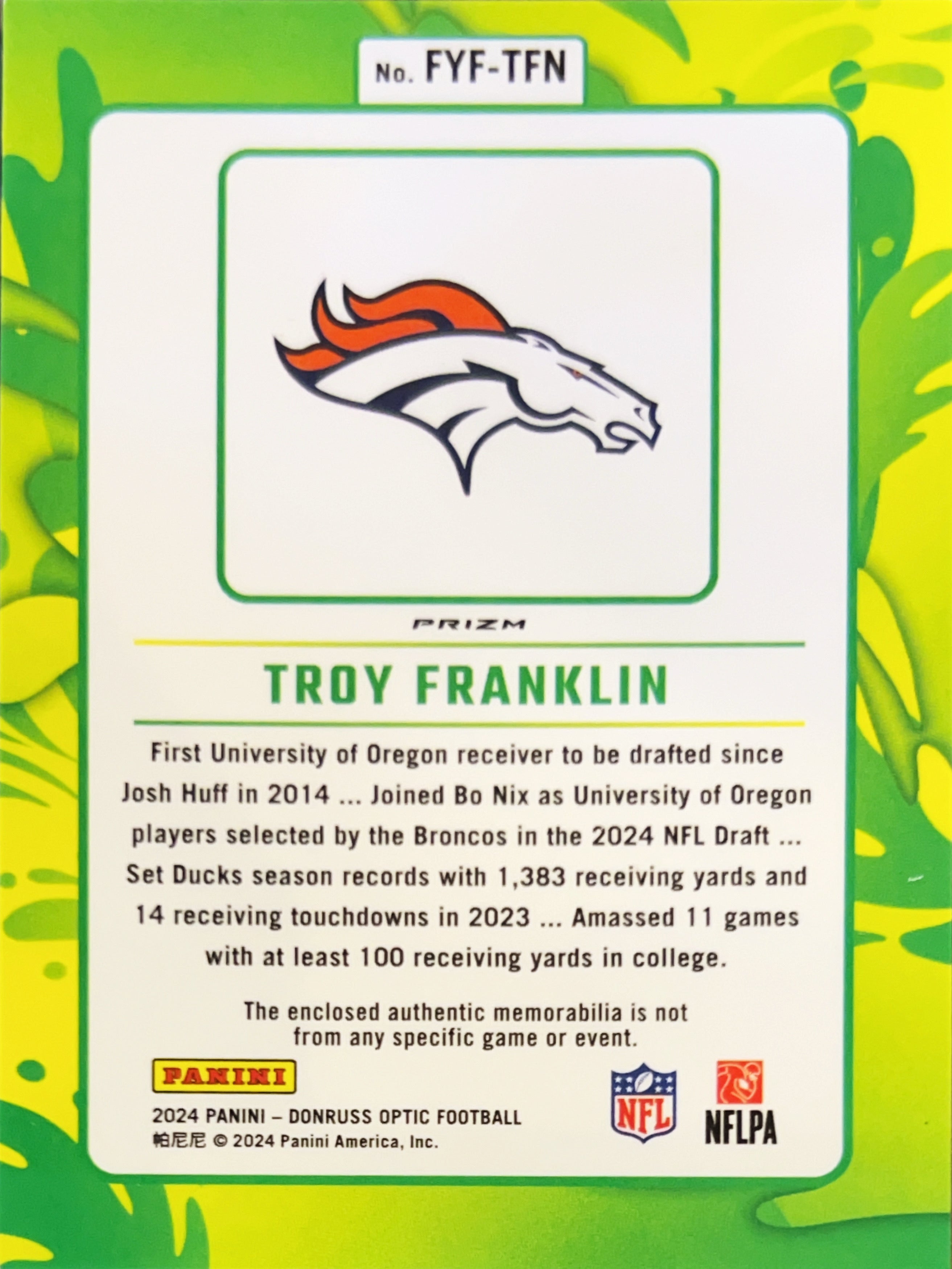 2024 Panini Donruss Optic Prizm Troy Franklin #FYF-TFN RC Memorabilia