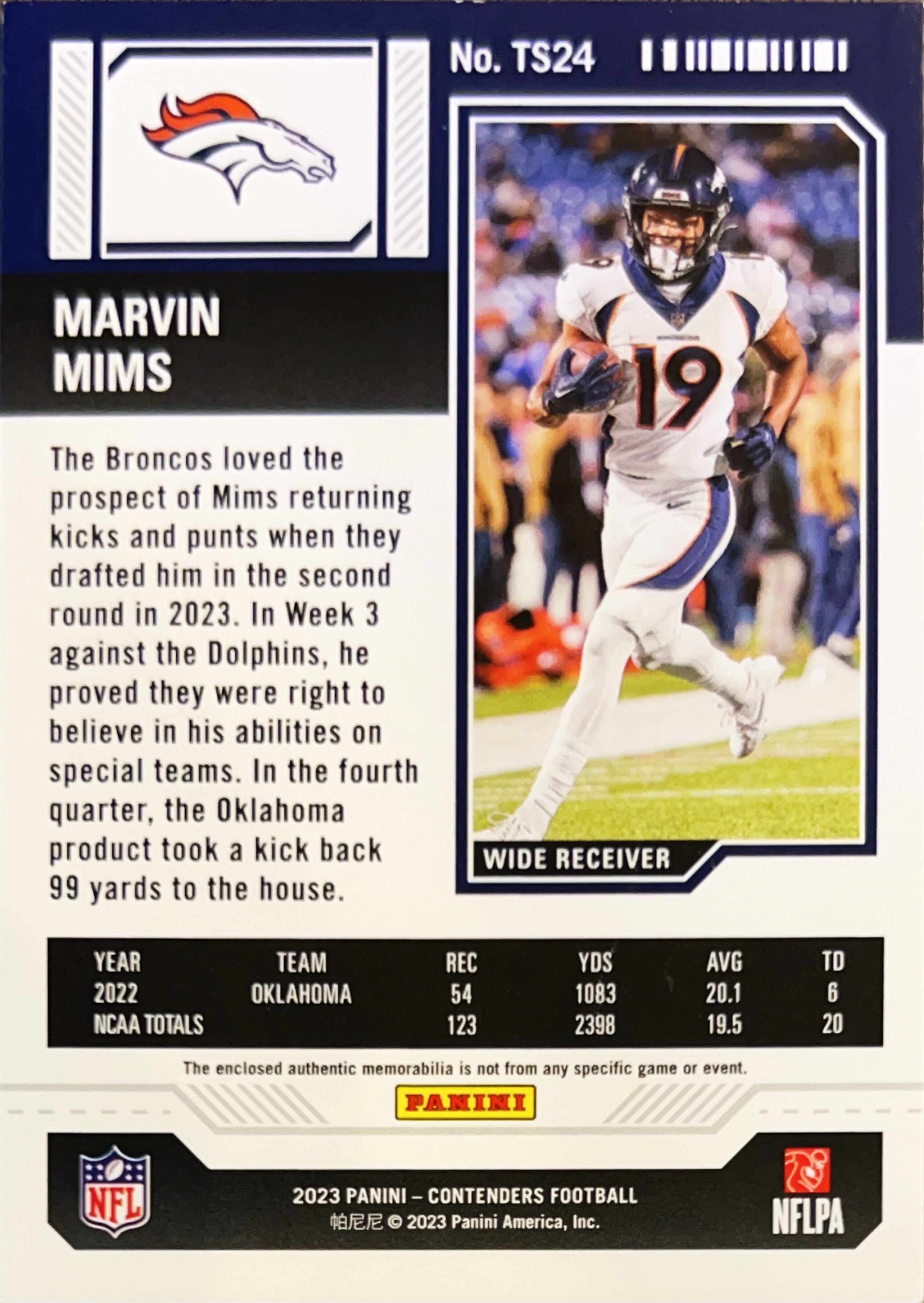 2023 Panini Contenders Football Marvin Mims #TS24 RC Memorabilia