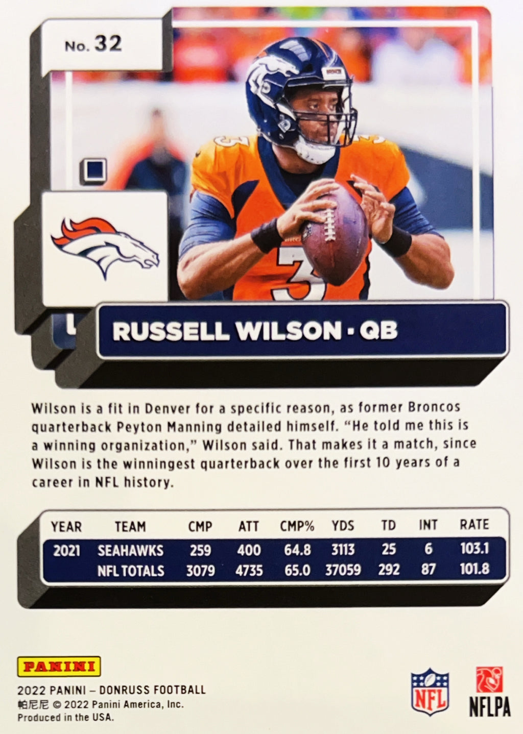 2022 Panini Donruss Football Russell Wilson #32 Press Proof Red