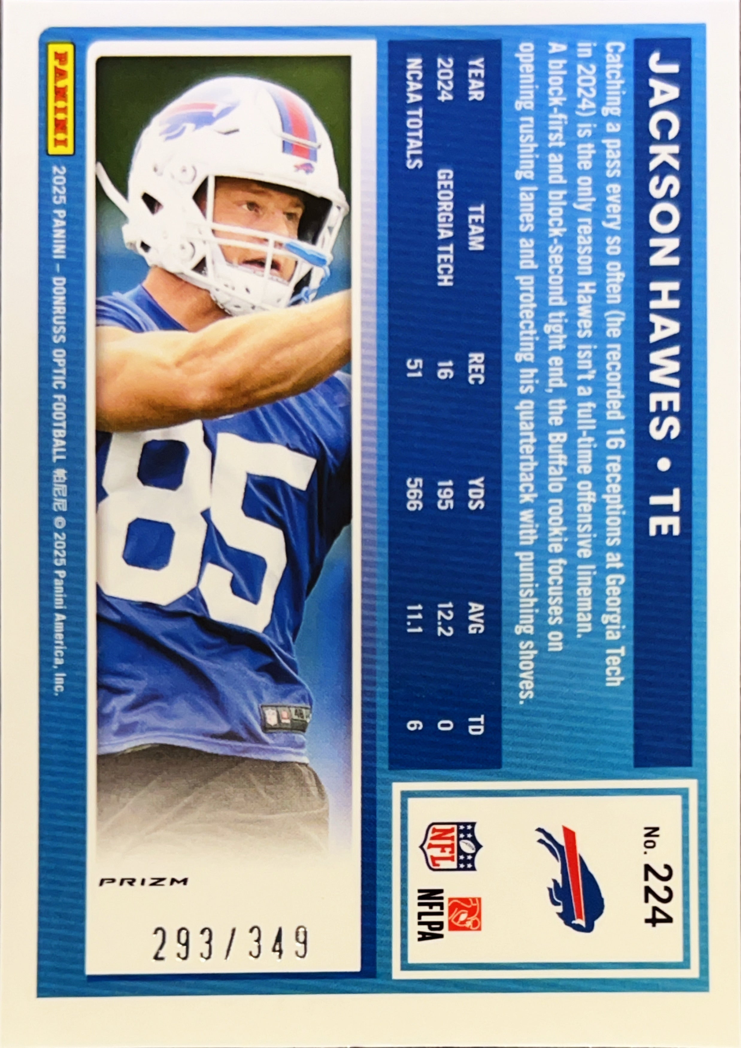 2025 Panini Donruss Optic Prizm Jackson Hawes #224 Blue /349