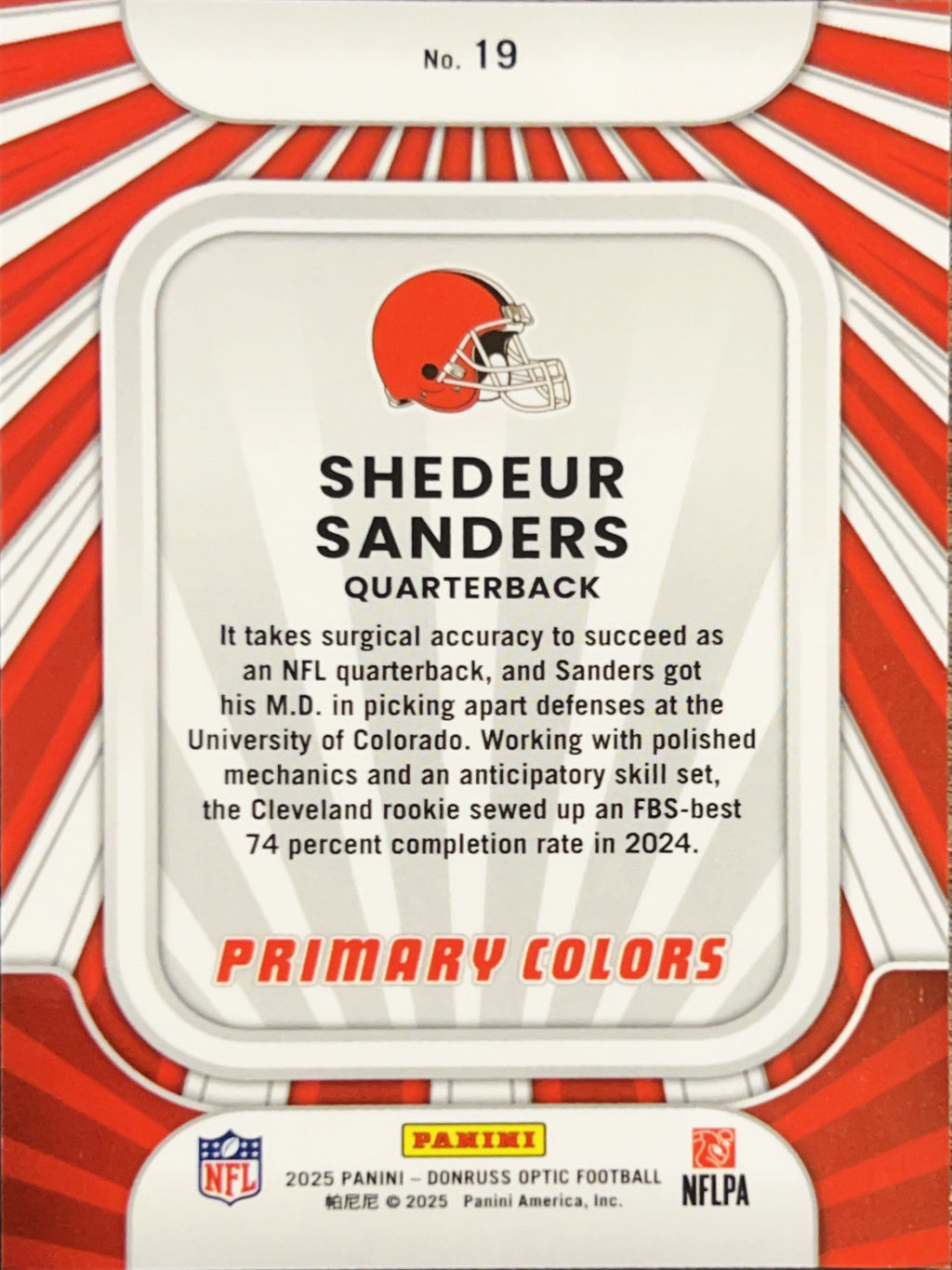 2025 Panini Donruss Optic Primary Colors Shedeur Sanders #19 Red RC
