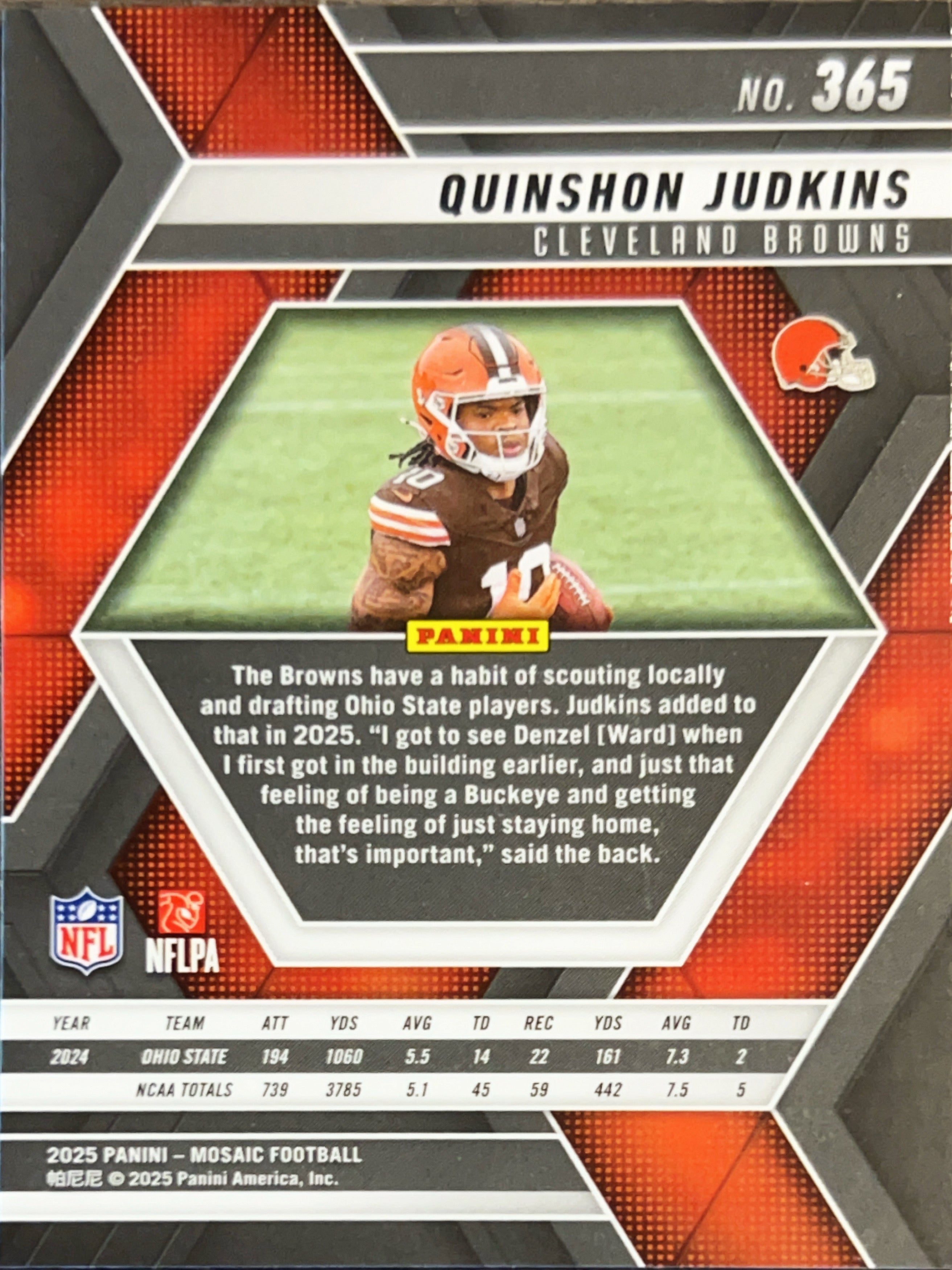 2025 Panini Mosaic Quinshon Judkins #365 RC