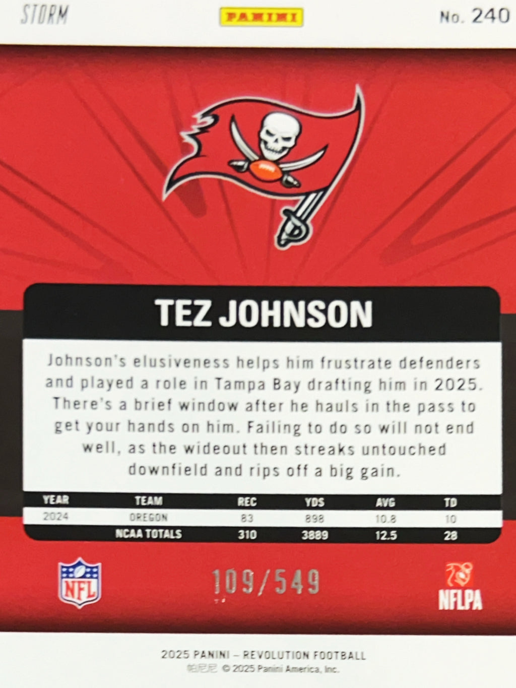 2025 Panini Revolution Football Tez Johnson #240 Storm /549 RC