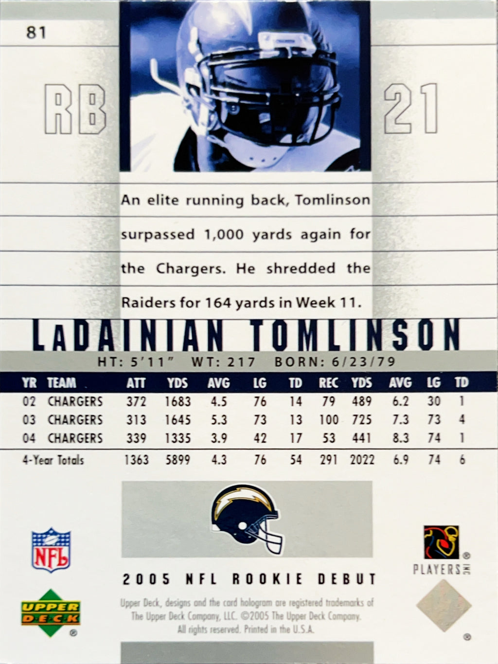 2005 Upper Deck Rookie Debut LaDainian Tomlinson #81