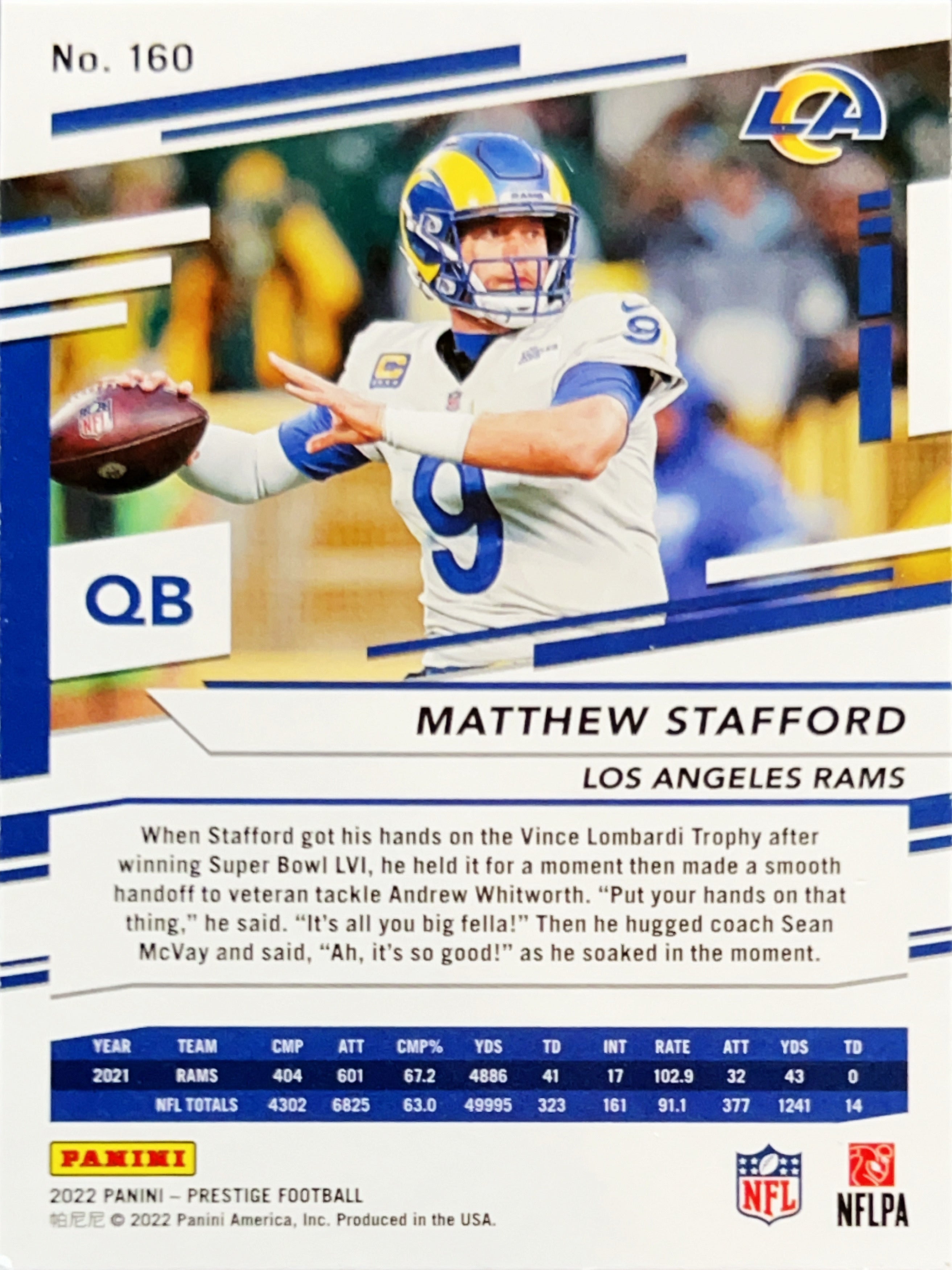 2022 Panini Prestige Xtra Points Matthew Stafford #160 Sunburst