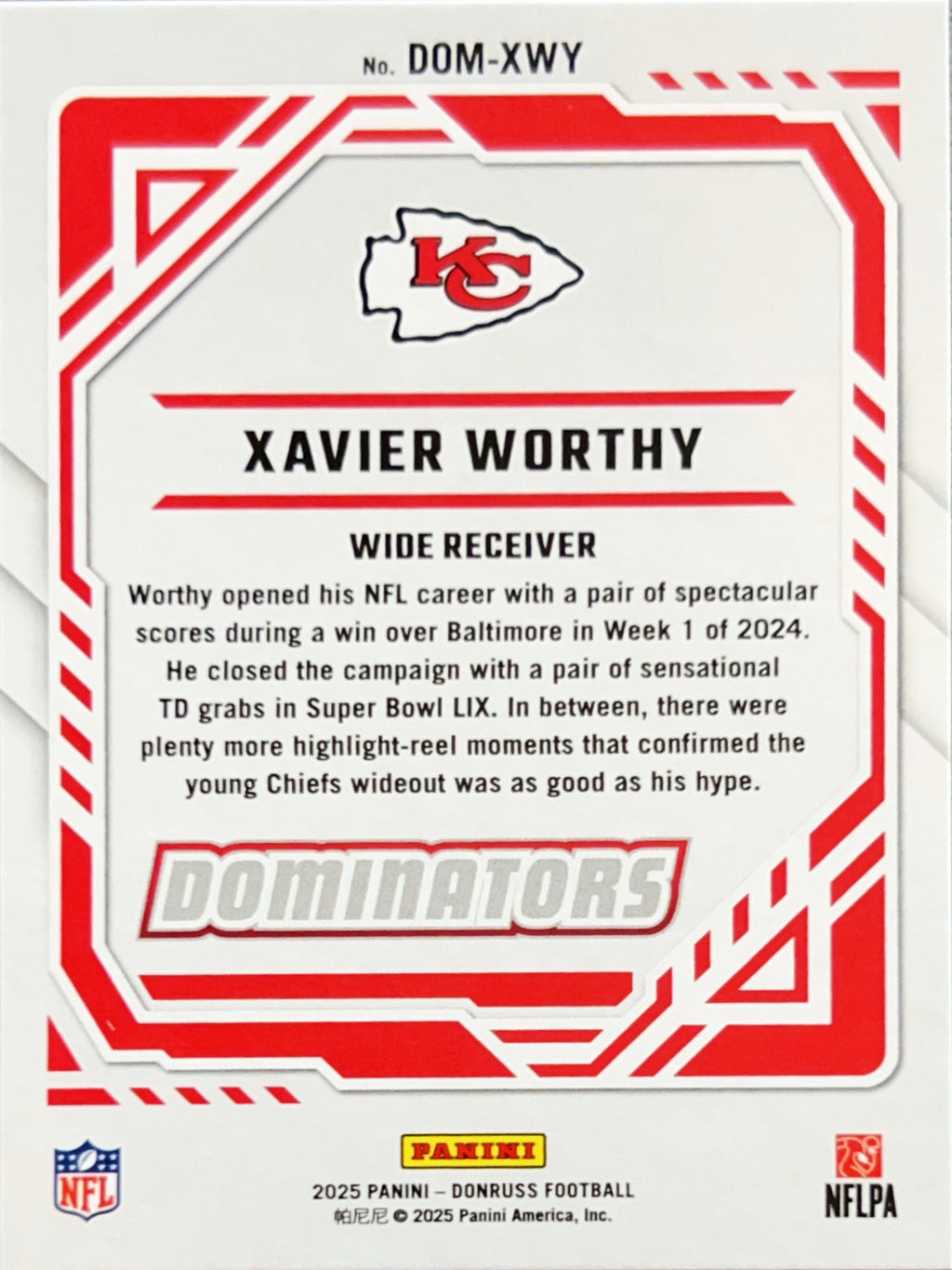 2025 Panini Donruss Dominators Xavier Worthy #DOM-XWY White Mojo