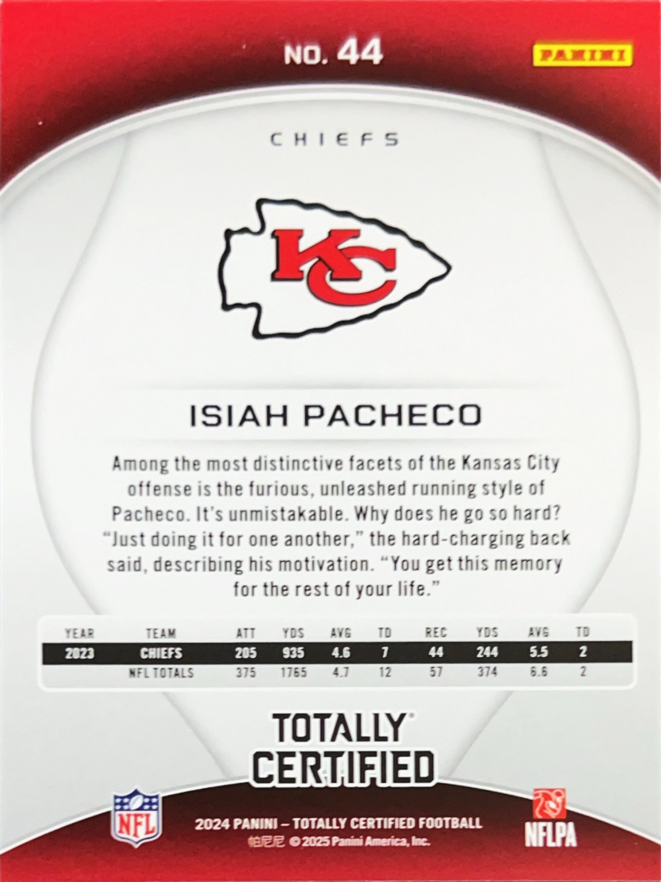 2025 Panini Totally Certified Isiah Pacheco #44 Red