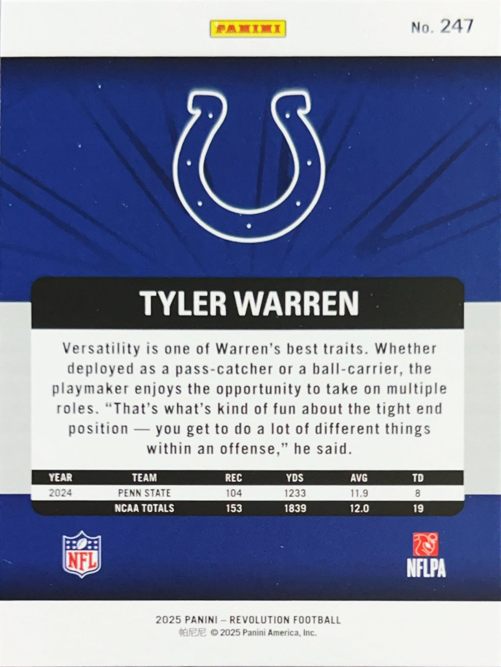 2025 Panini Revolution Football Tyler Warren #247 Sunburst RC