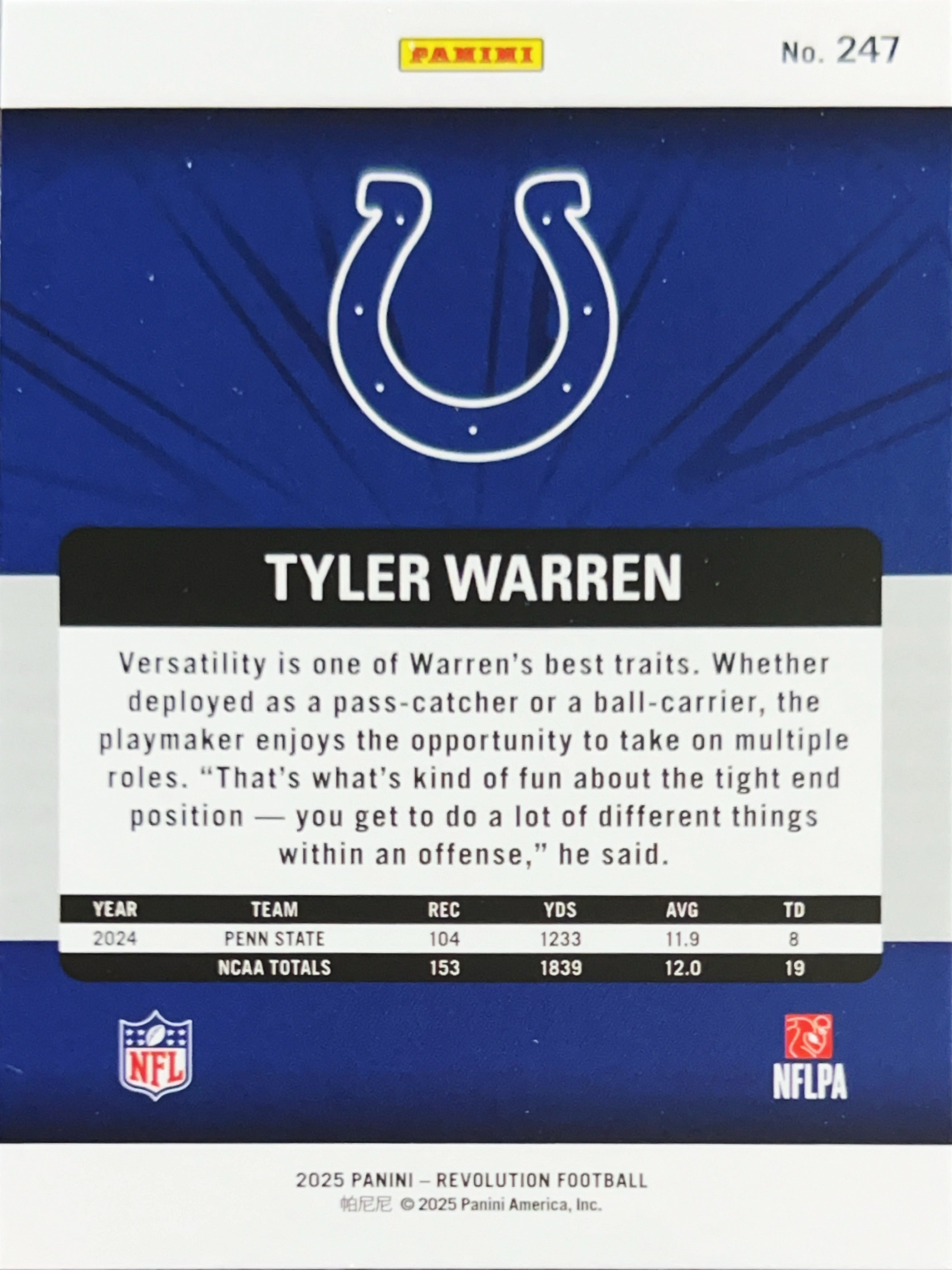2025 Panini Revolution Football Tyler Warren #247 Sunburst RC
