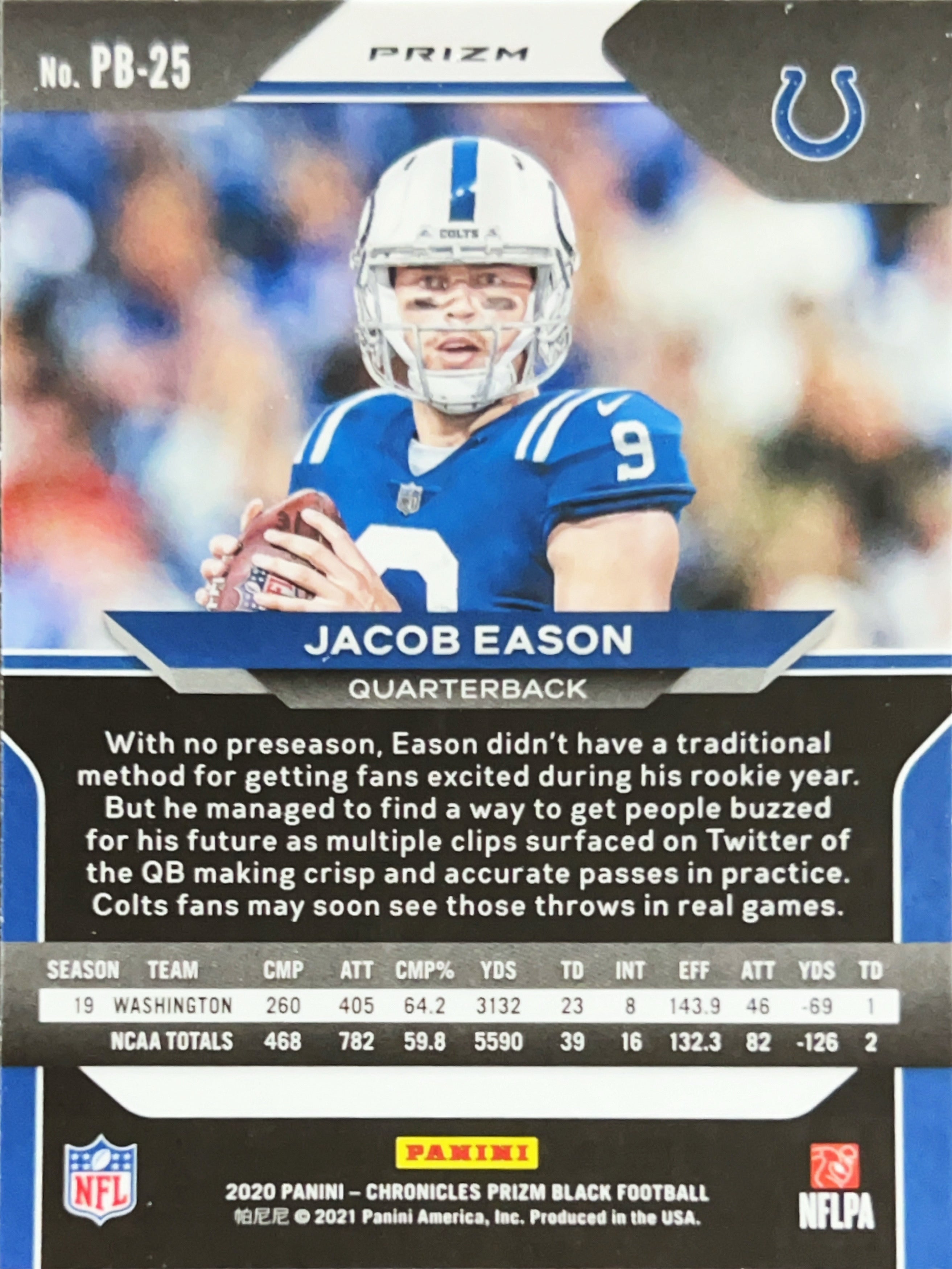 2021 Panini Chronicles Prizm Black Jacob Eason #PB-25 Silver RC