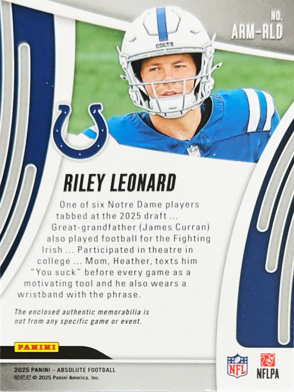 2025 Panini Absolute Football Riley Leonard #ARM-RLD RC Memorabilia