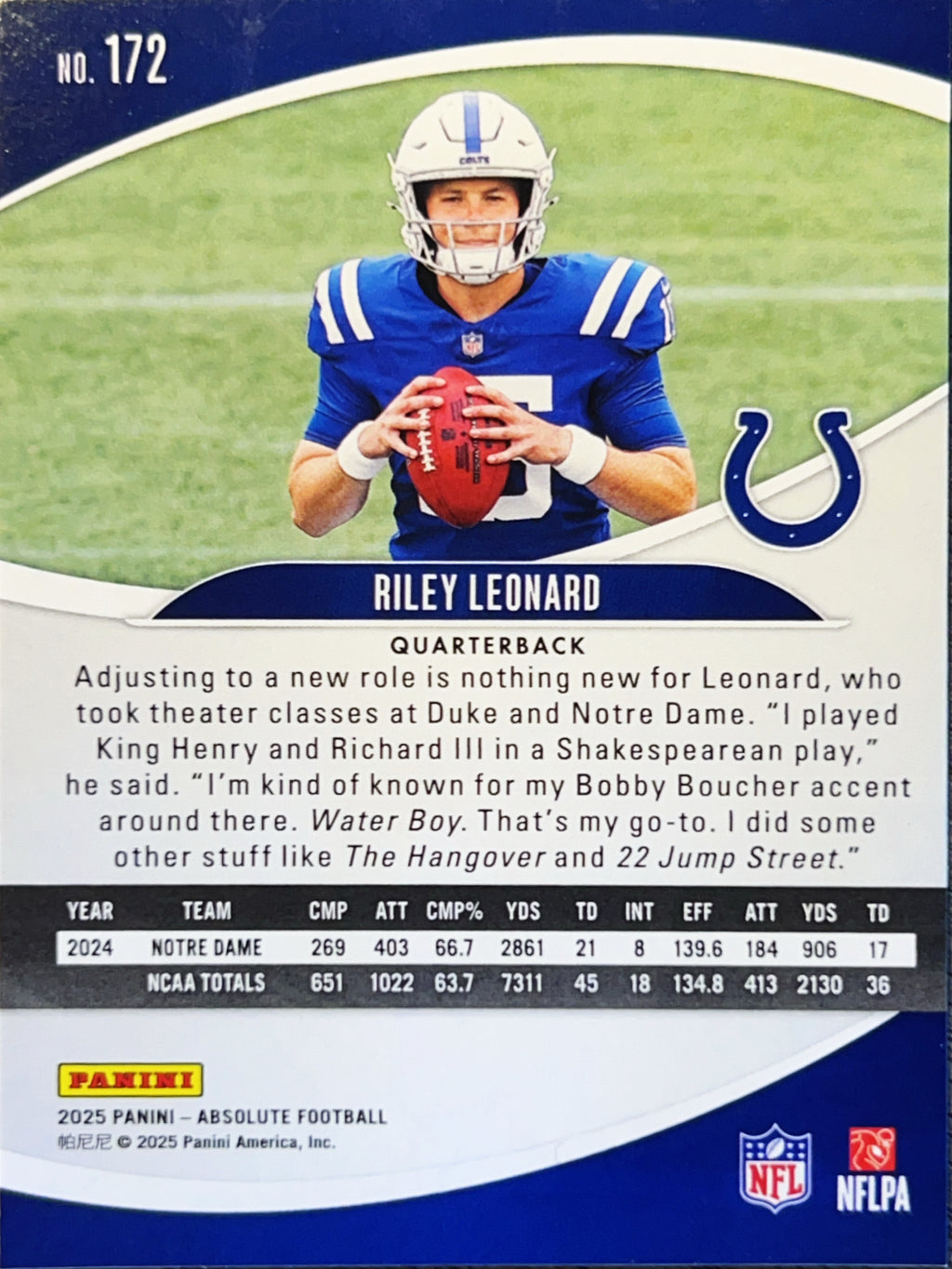 2025 Panini Absolute Football Riley Leonard #172 RC
