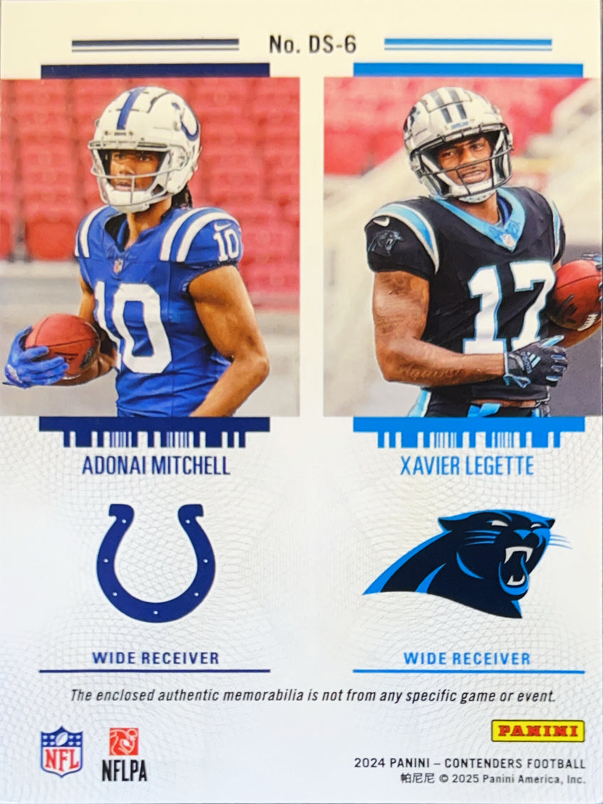 2025 Panini Contenders Football Adonai Mitchell Xavier Legette #DS-6 Dual Jersey