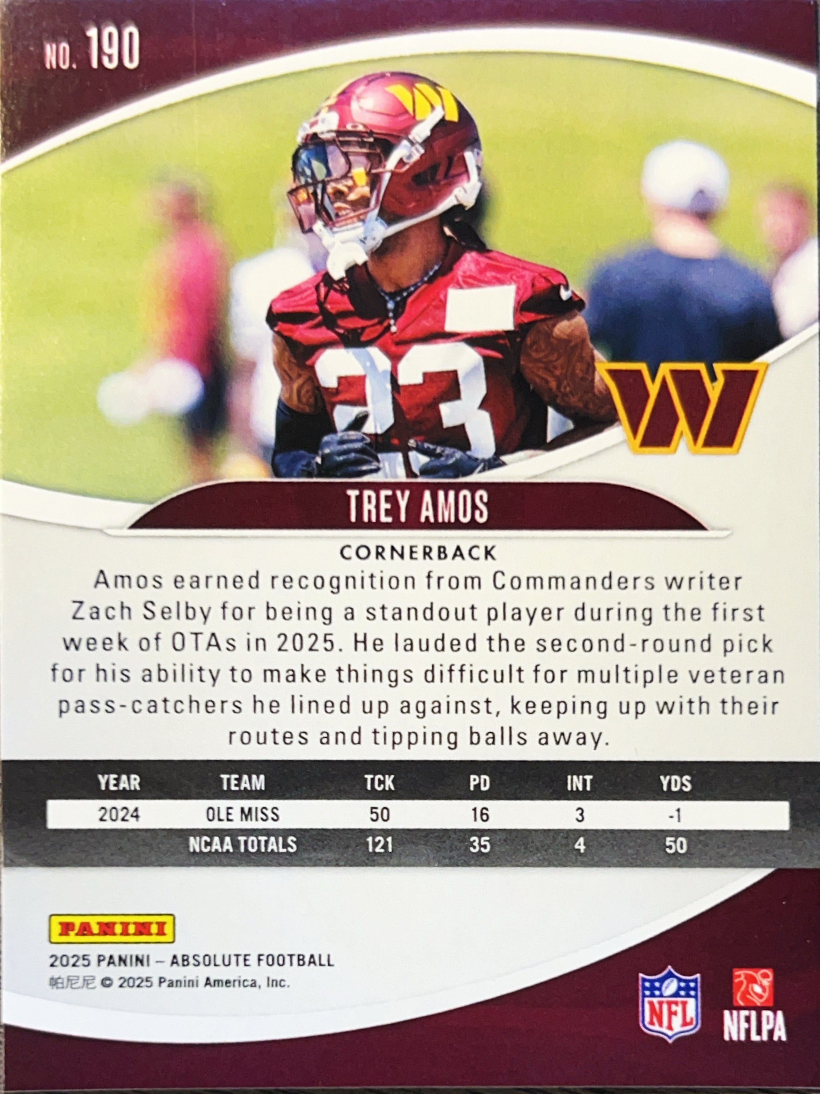 2025 Panini Absolute Football Trey Amos #190 RC