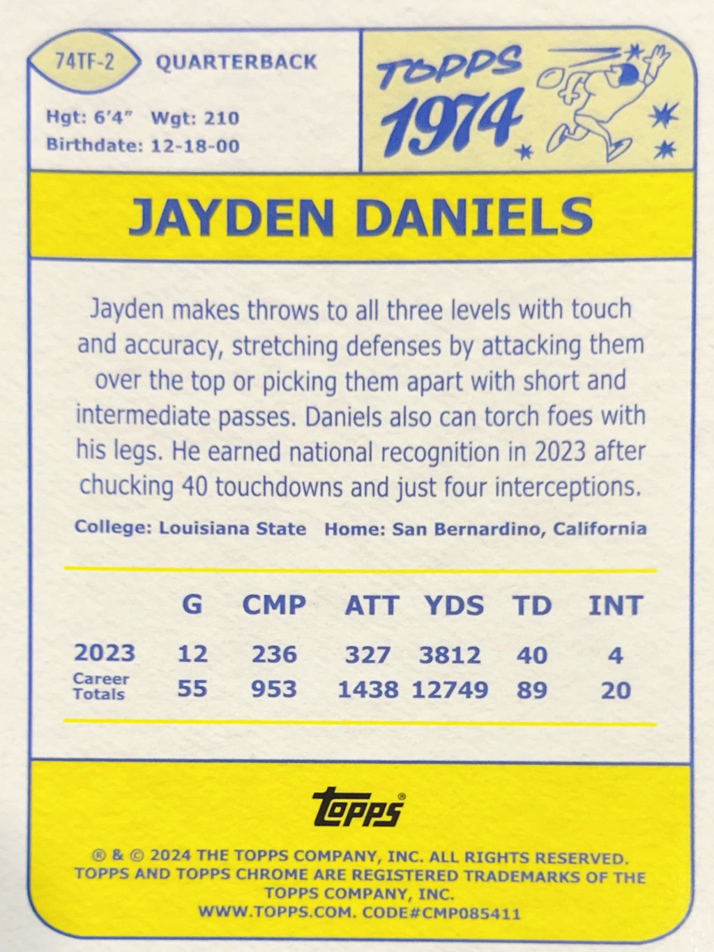 2024 Topps Chrome 1974 Topps Football Jayden Daniels #74TF-2