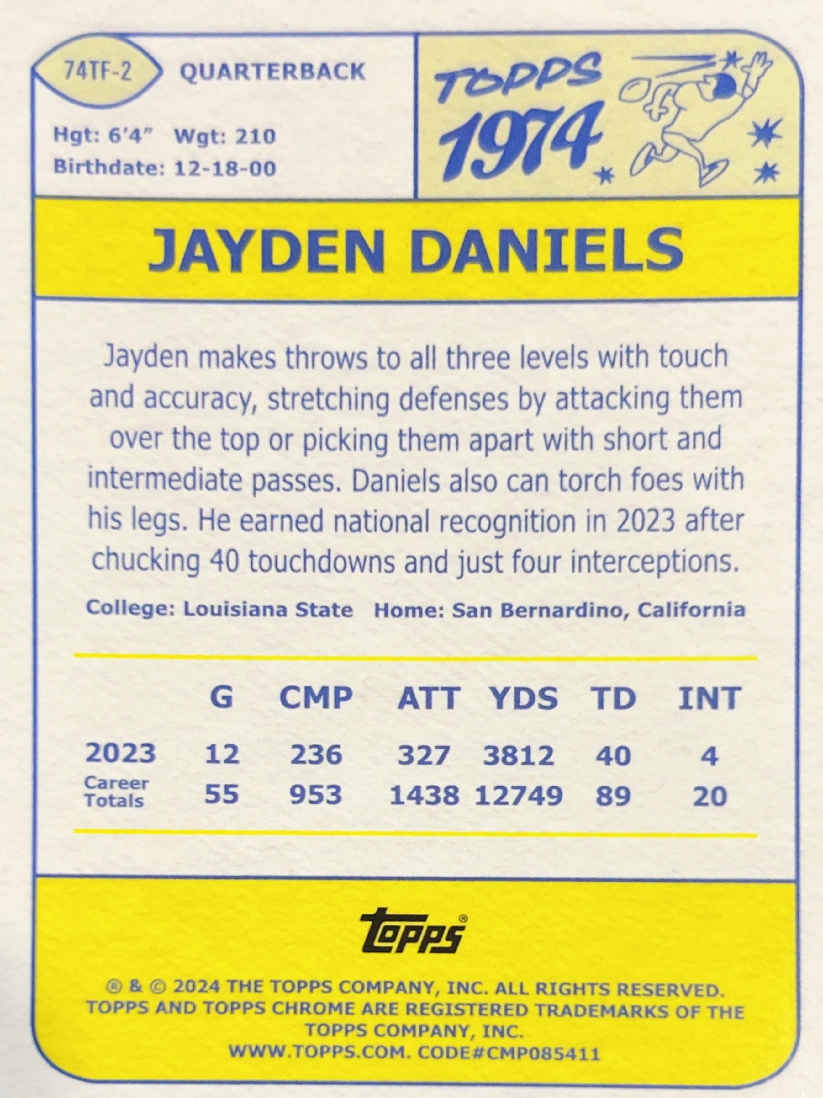2024 Topps Chrome 1974 Topps Football Jayden Daniels #74TF-2