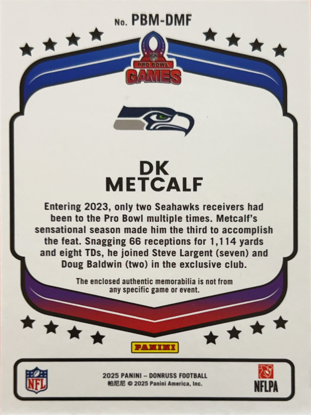 2025 Panini Donruss Football Pro Bowl Games DK Metcalf #PBM-DMF Memorabilia