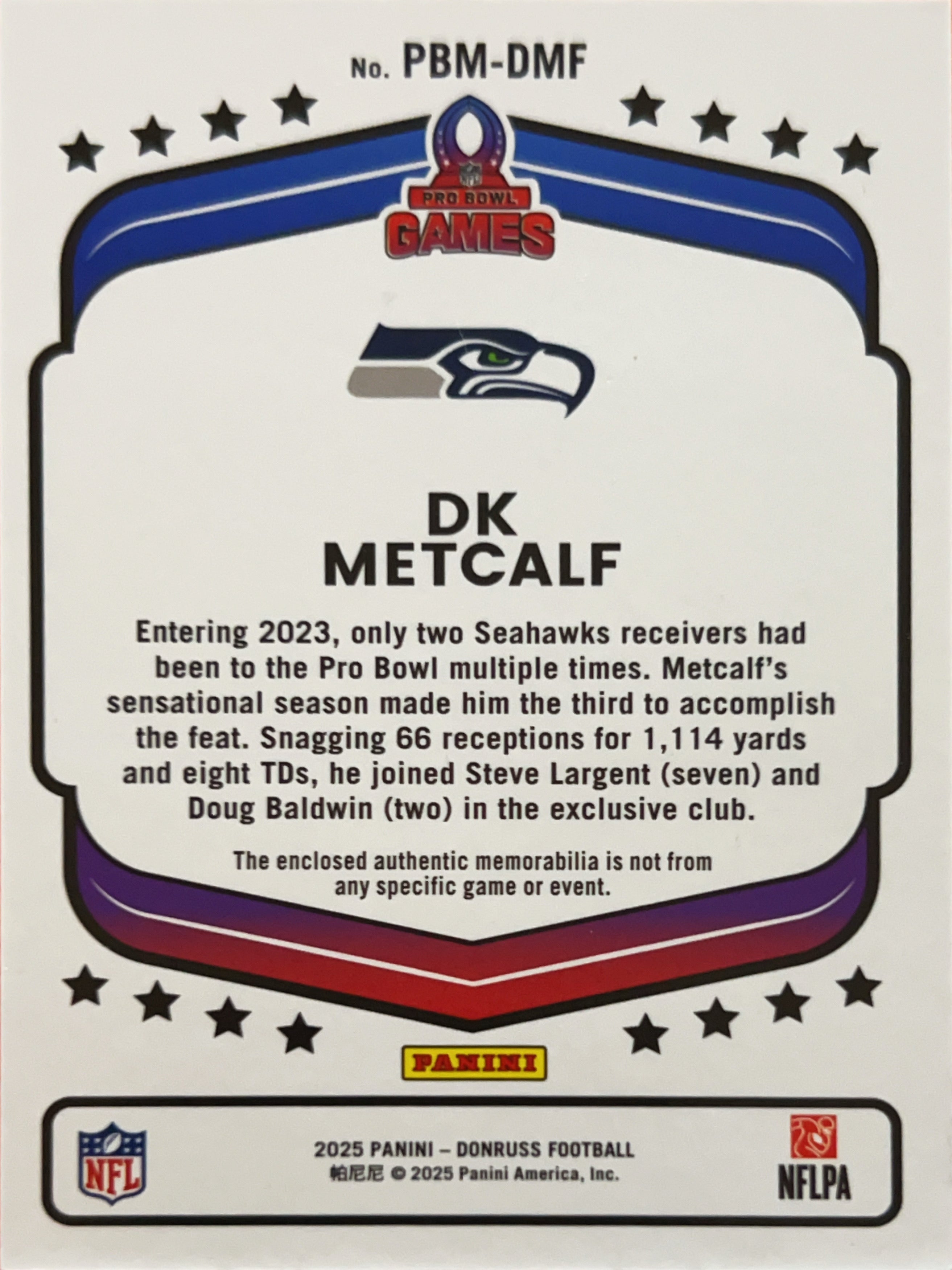 2025 Panini Donruss Football Pro Bowl Games DK Metcalf #PBM-DMF Memorabilia