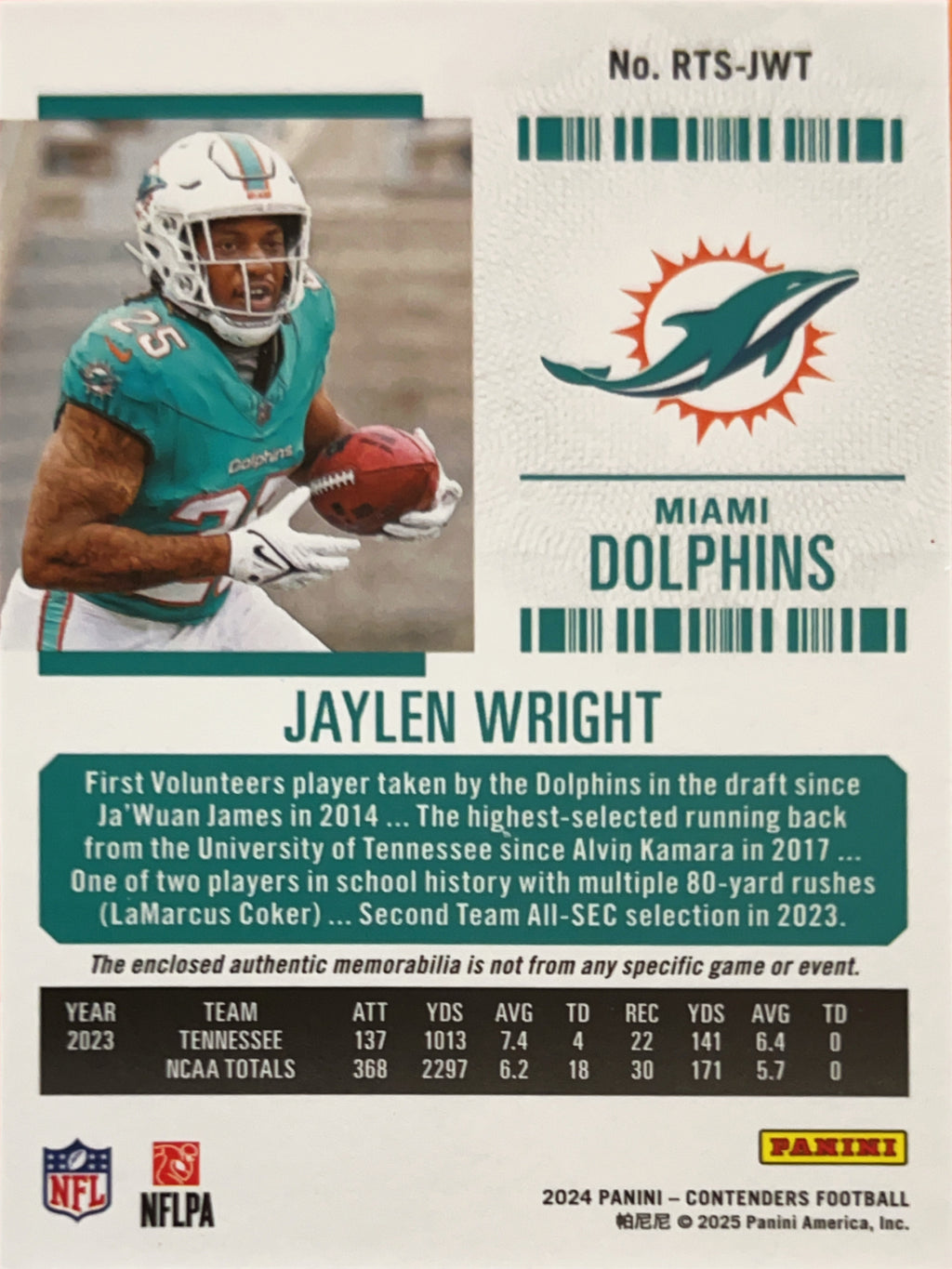 2025 Panini Contenders Football Rookie Ticket Jaylen Wright #RTS-JWT RC