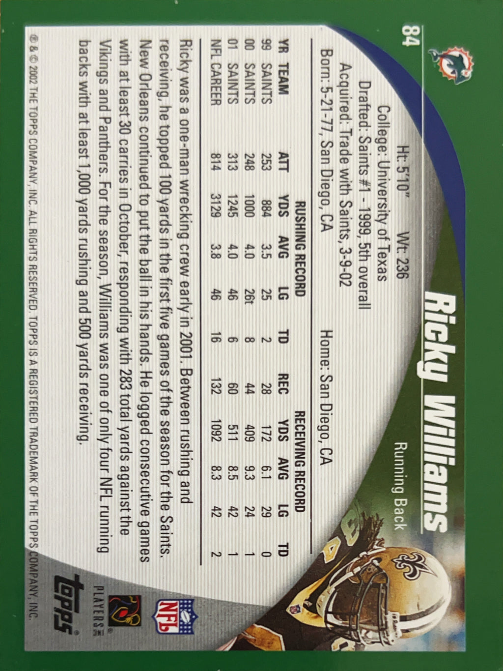 2002 Topps Ricky Williams #84