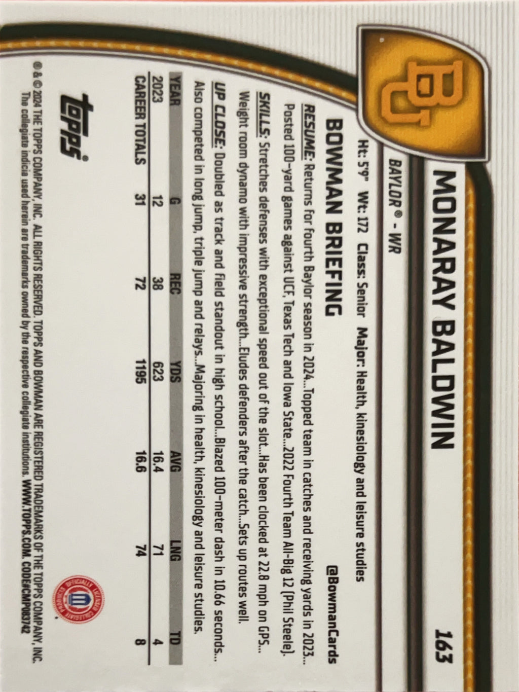 2024 Bowman Chrome University Monaray Baldwin #163 Pink Lava Refractor