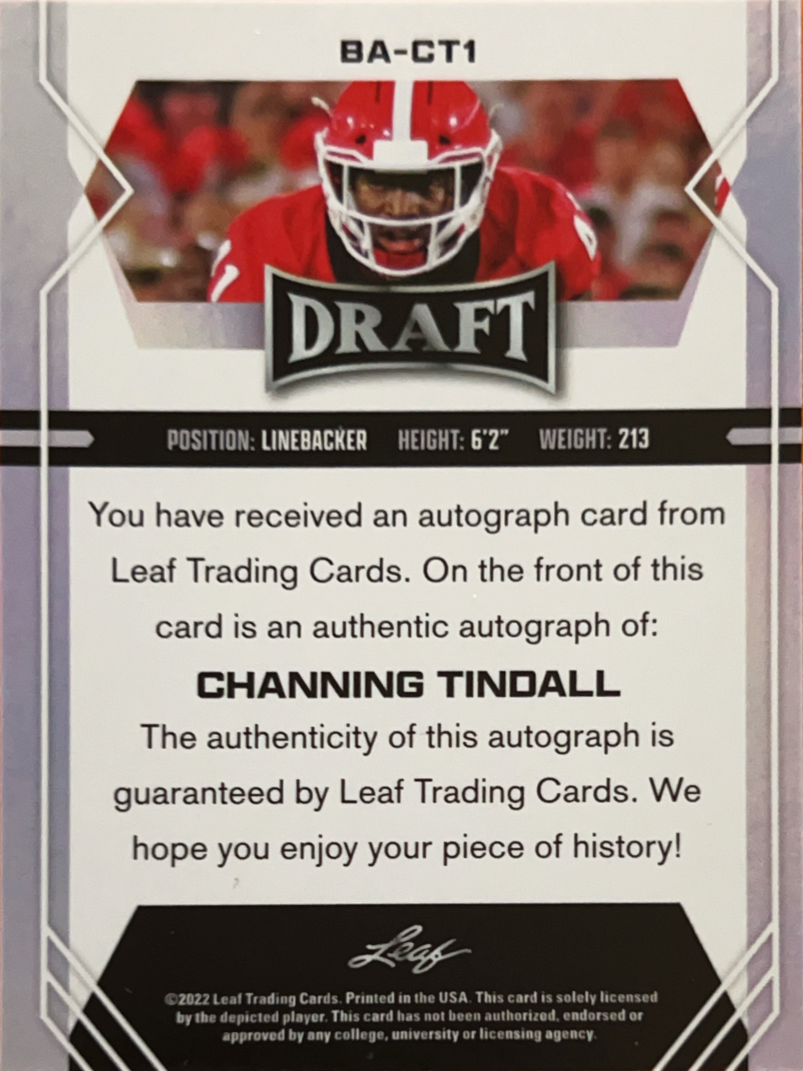 2022 Leaf Draft Channing Tindall #BA-CT1 RC