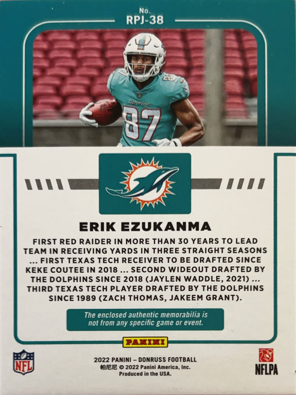 2022 Panini Donruss Rookie Phenom Erik Ezukanma #RPJ-38 Authentic Memorabilia