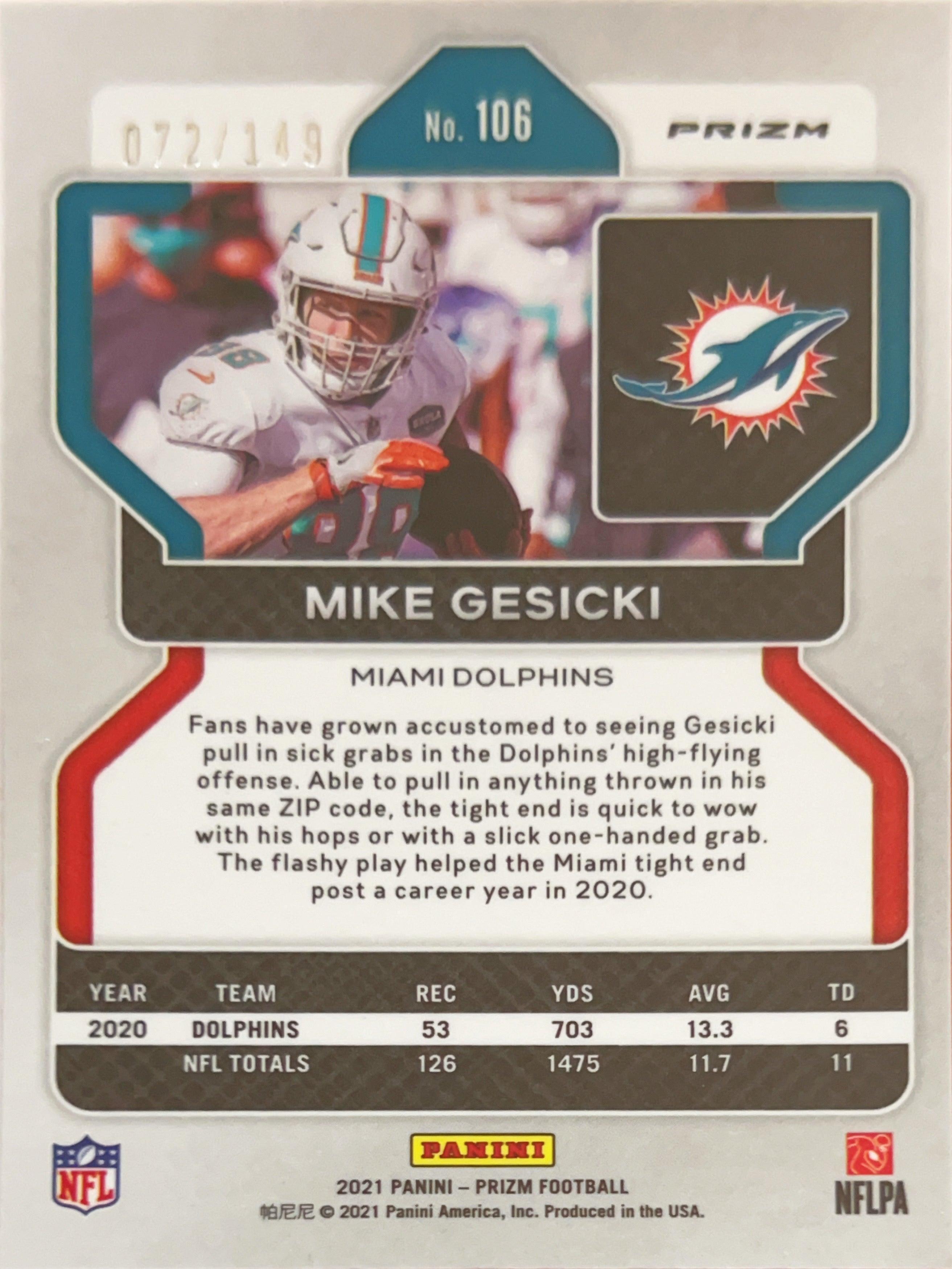 2021 Panini Prizm Mike Gesicki #106 Red Wave /149