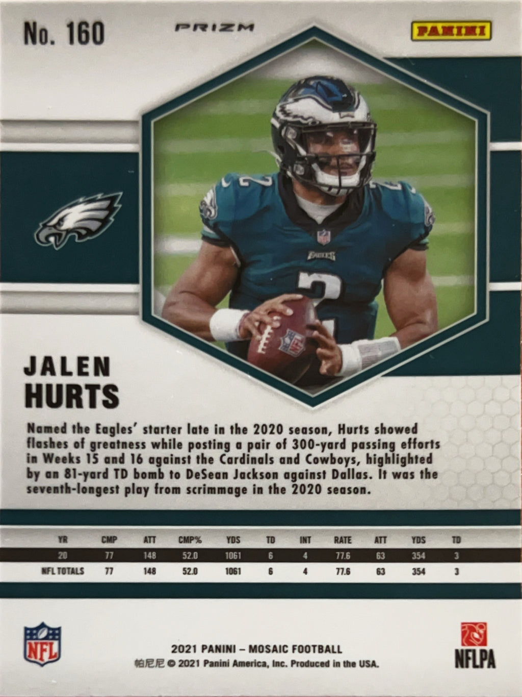 2021 Panini Mosaic Prizm Jalen Hurts #160 Green