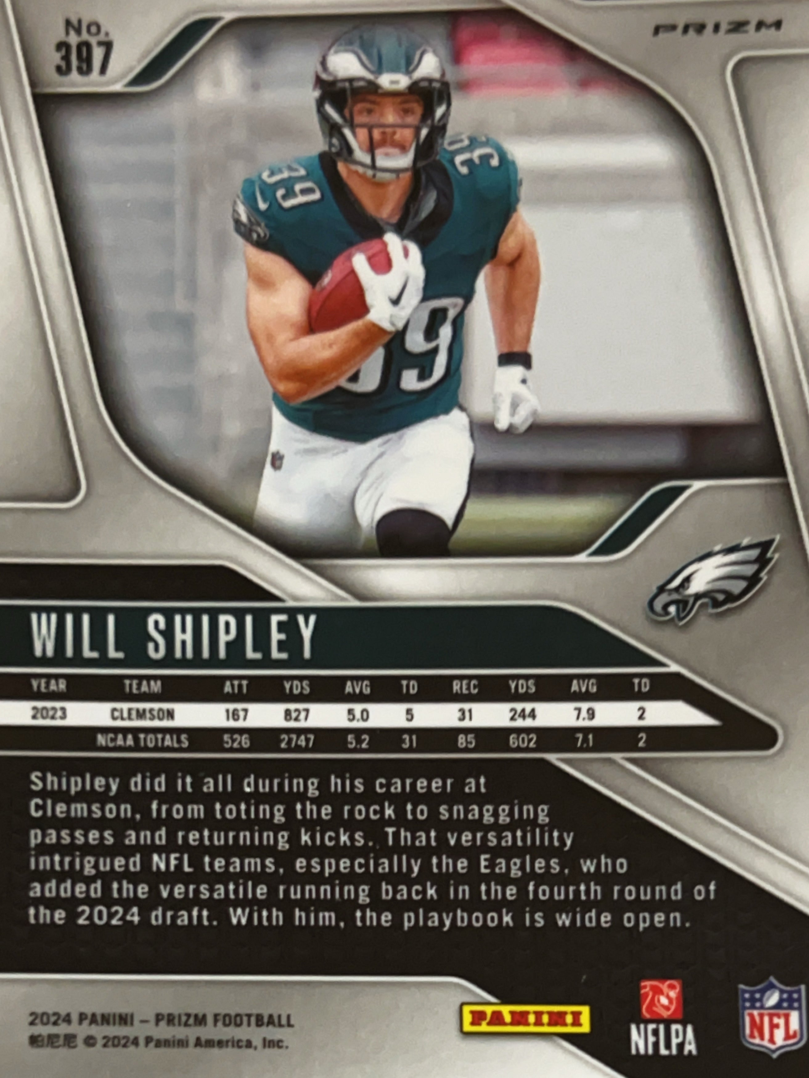 2024 Panini Prizm Will Shipley #397 Silver RC