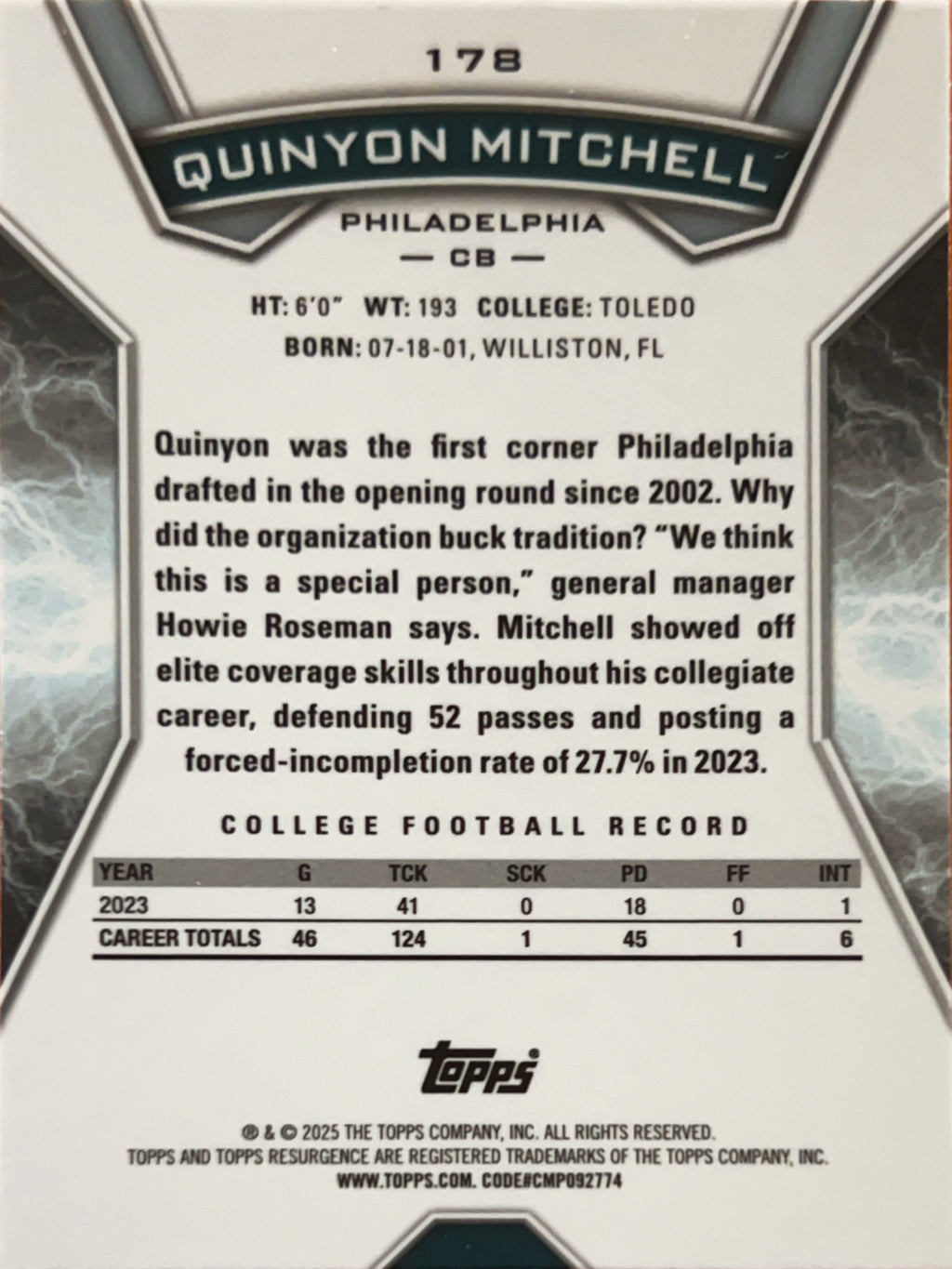 2025 Topps Resurgence Quinyon Mitchell #178 Surge Refractor /399 RC