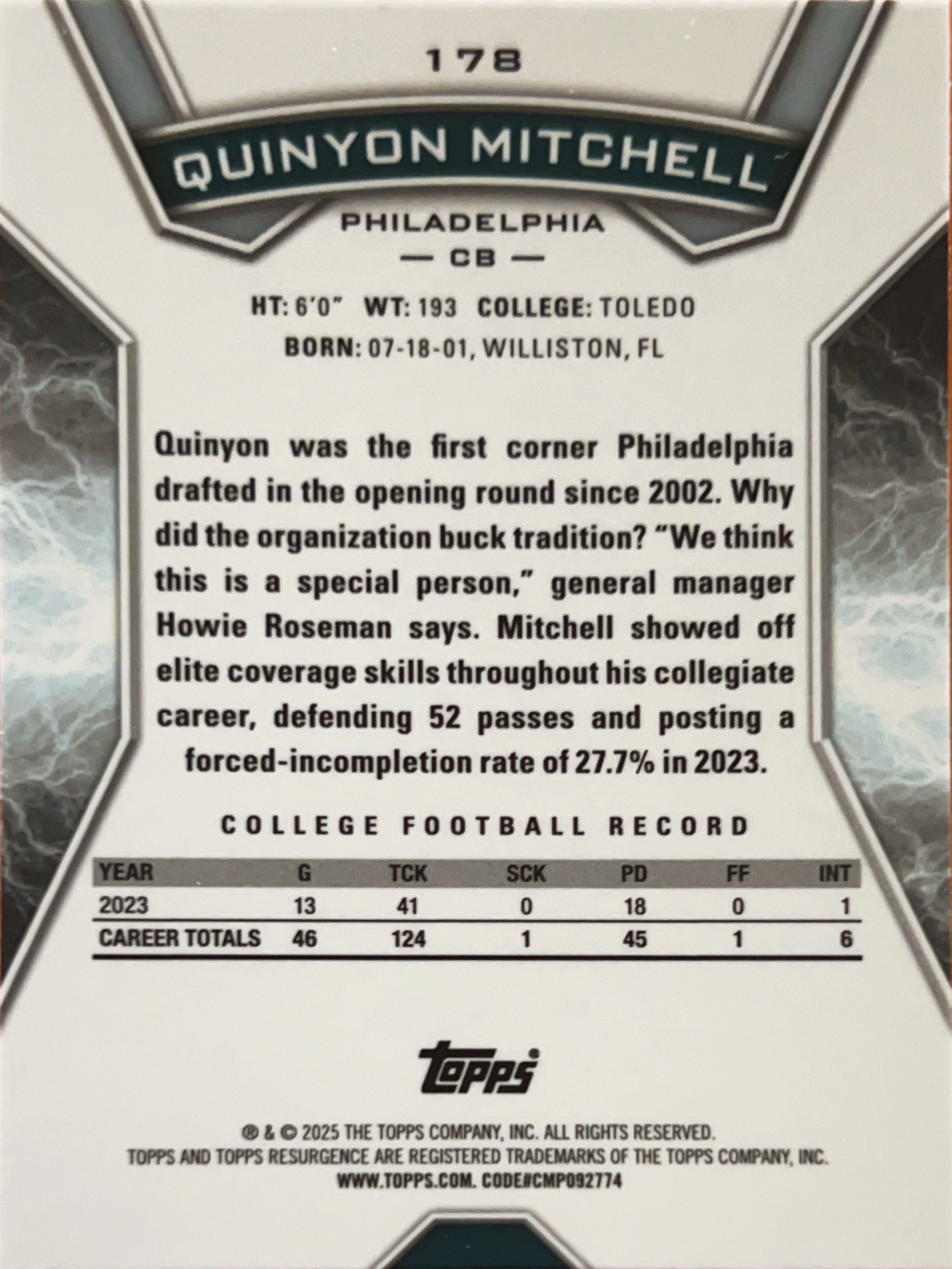 2025 Topps Resurgence Quinyon Mitchell #178 Surge Refractor /399 RC