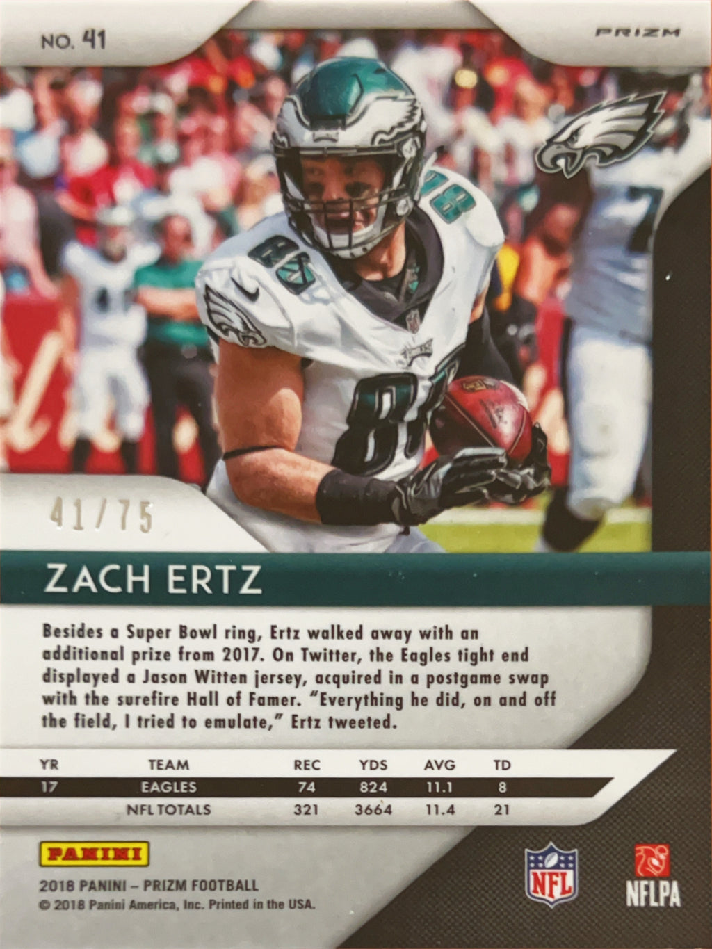 2018 Panini Prizm Zach Ertz #41 Green Cracked Ice /75