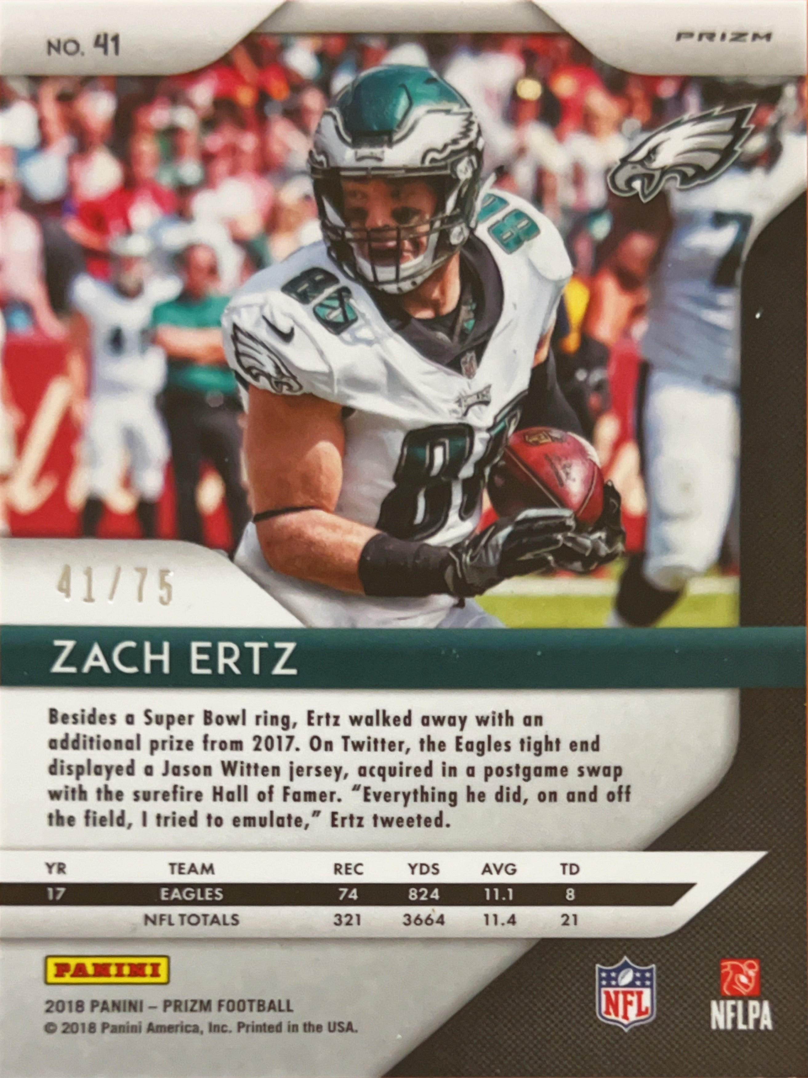 2018 Panini Prizm Zach Ertz #41 Green Cracked Ice /75